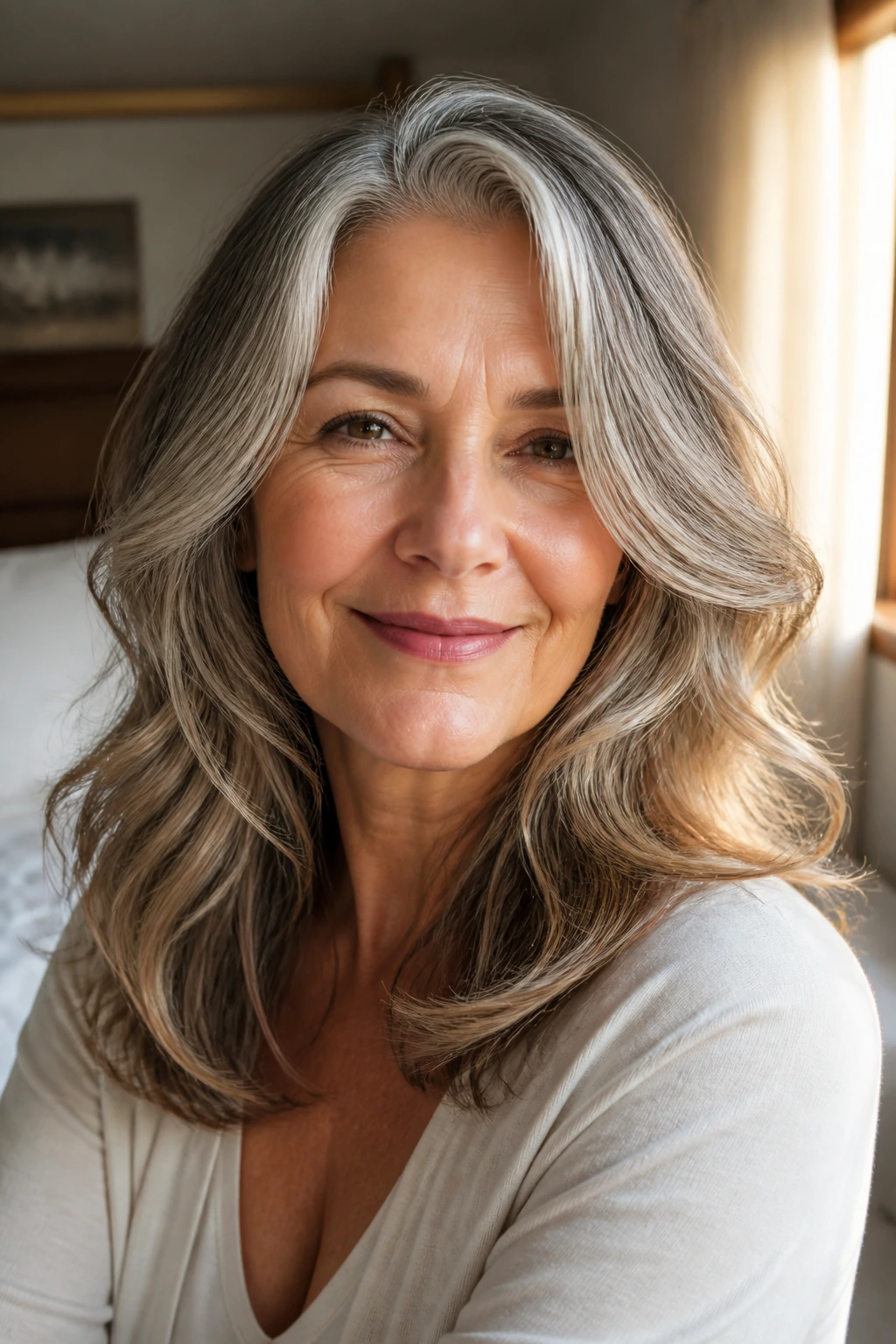 Older woman with collarbone-starting layers and soft facial waves.