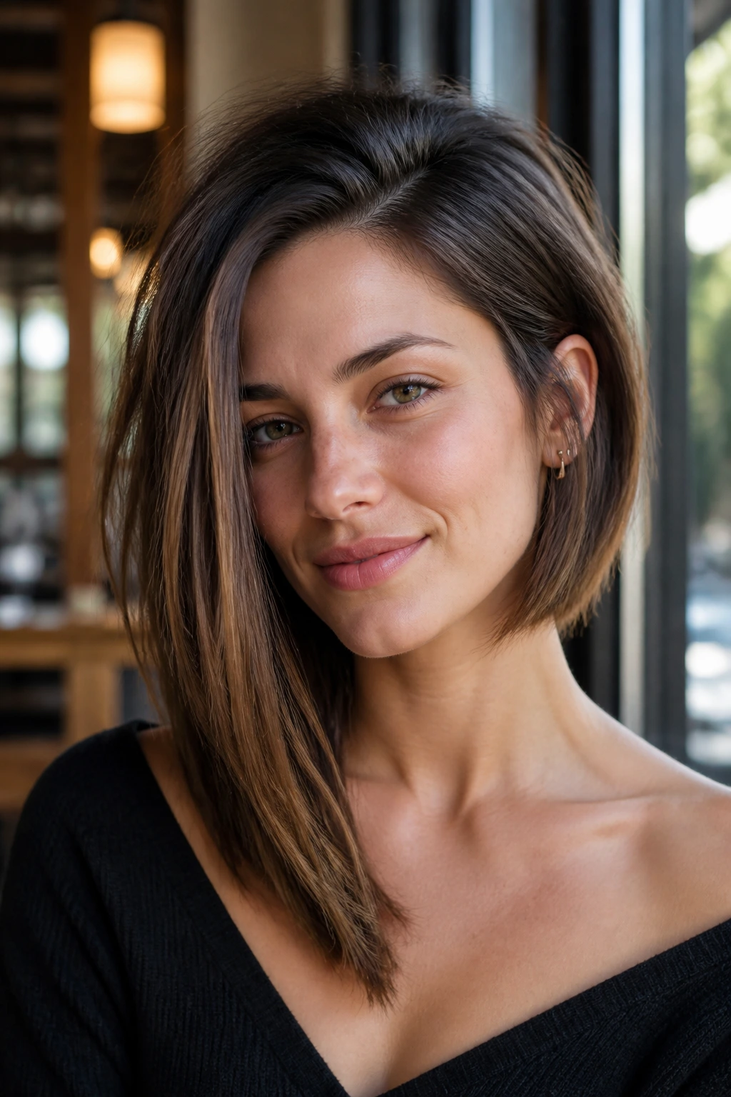 Portrait of a real woman with a collarbone-length longer side and a shorter jaw-length side in wearable asymmetrical bob.