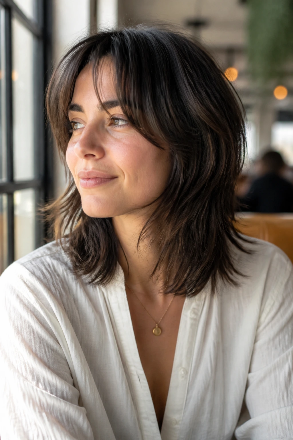 Real person with collarbone-length airy shag resting at collarbone