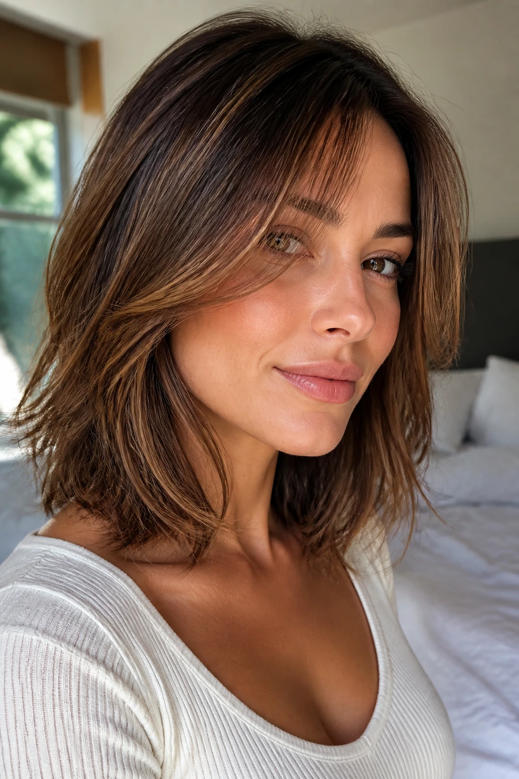 Close-up of a real woman with collarbone-length layered hair in soft movement