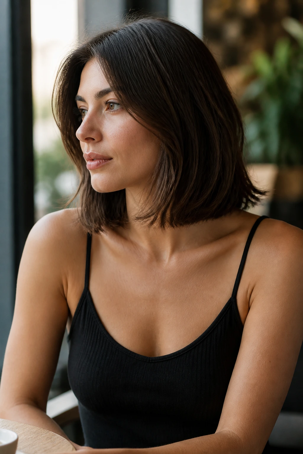 Close-up of a woman with collarbone-length Italian bob in a cafe