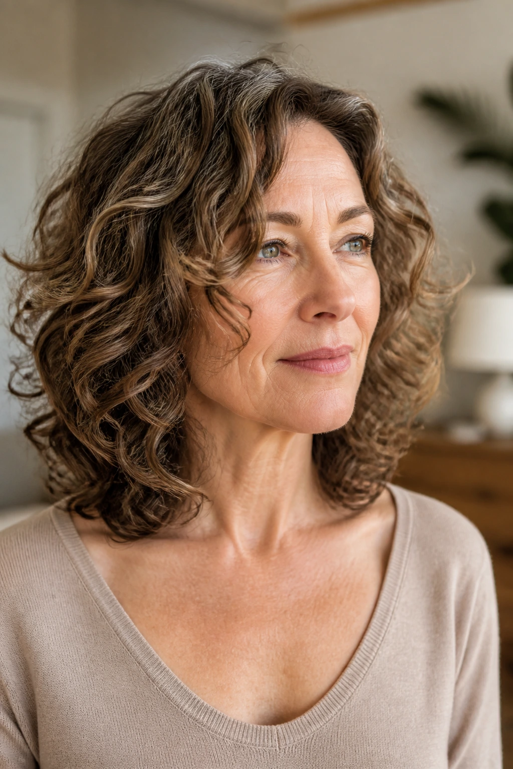 Close-up of a woman with collarbone-length curls and invisible layers