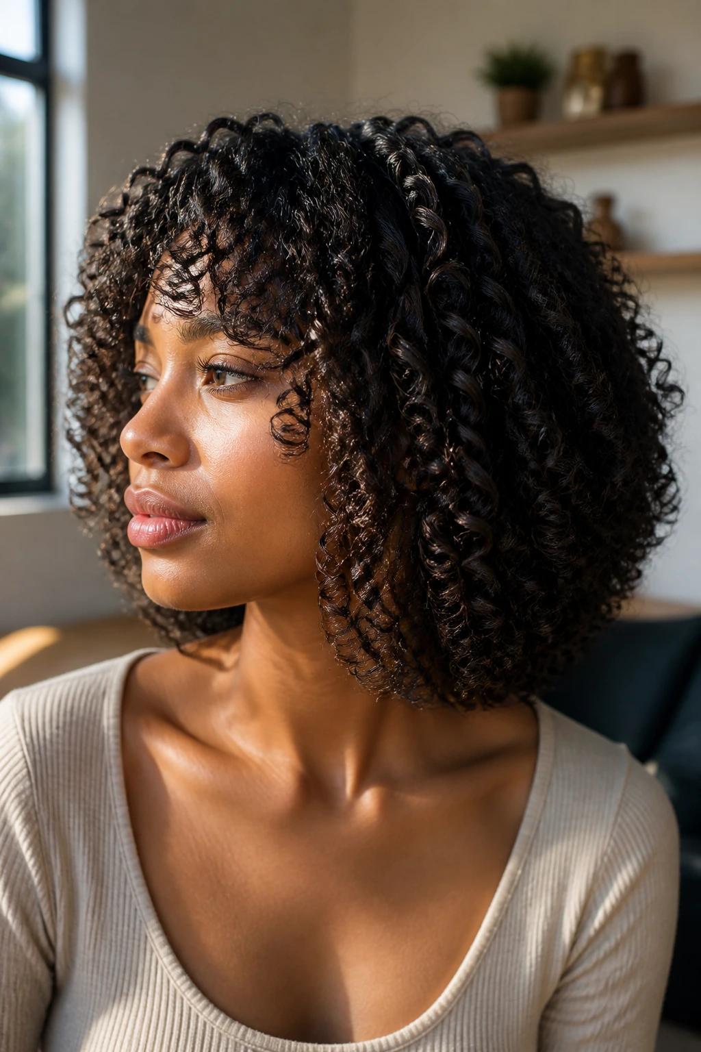 Close-up of a real woman's collarbone-length curls with back curve