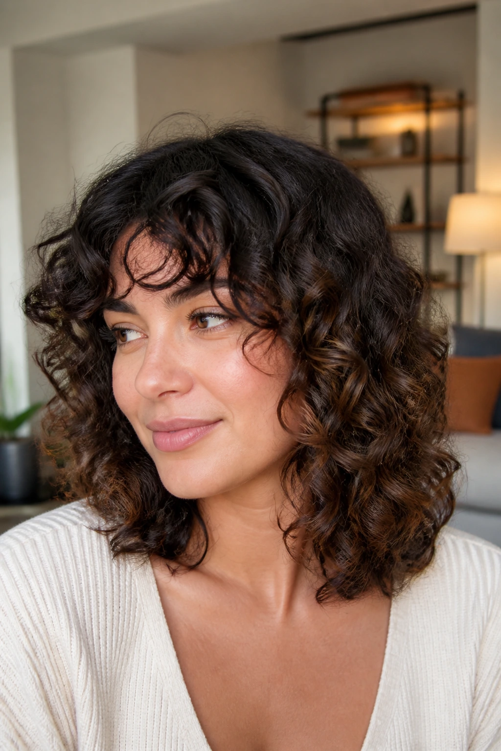 Close-up of a real person with collarbone-length curls and invisible layers