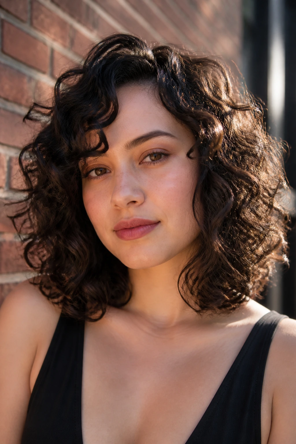 Close-up of collarbone-length curly lob on a real woman against brick wall.
