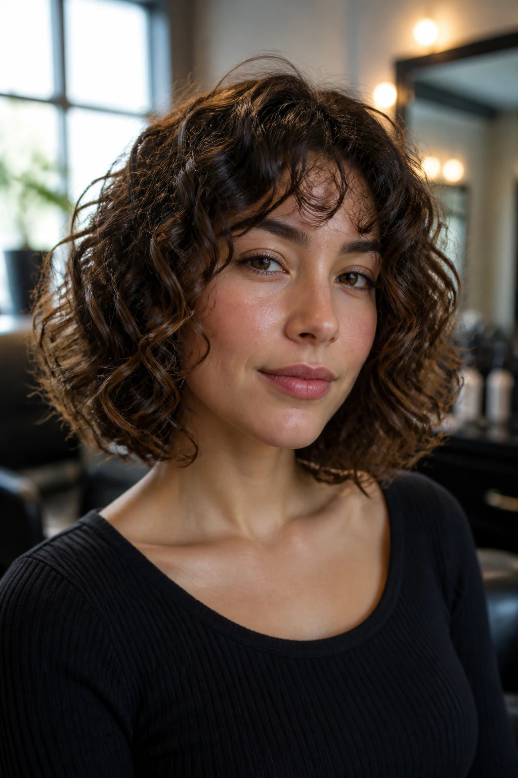 Portrait of a real person with collarbone-length curly bob in a salon setting
