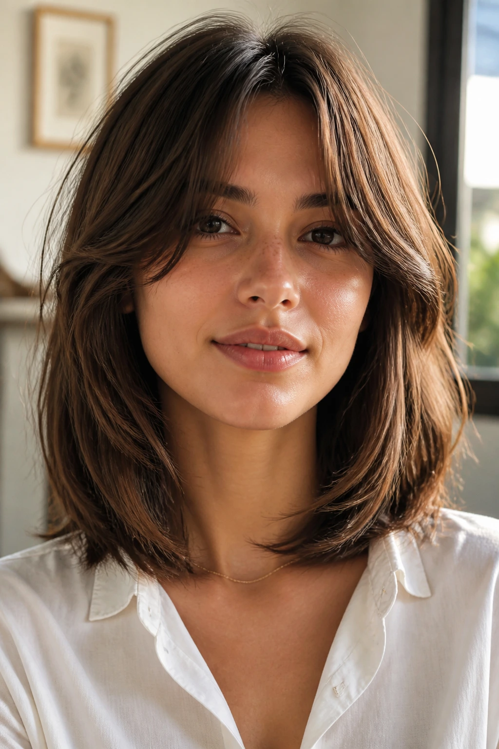 Close-up of a real woman with collarbone-length layered hair and curtain bangs lit by warm window light