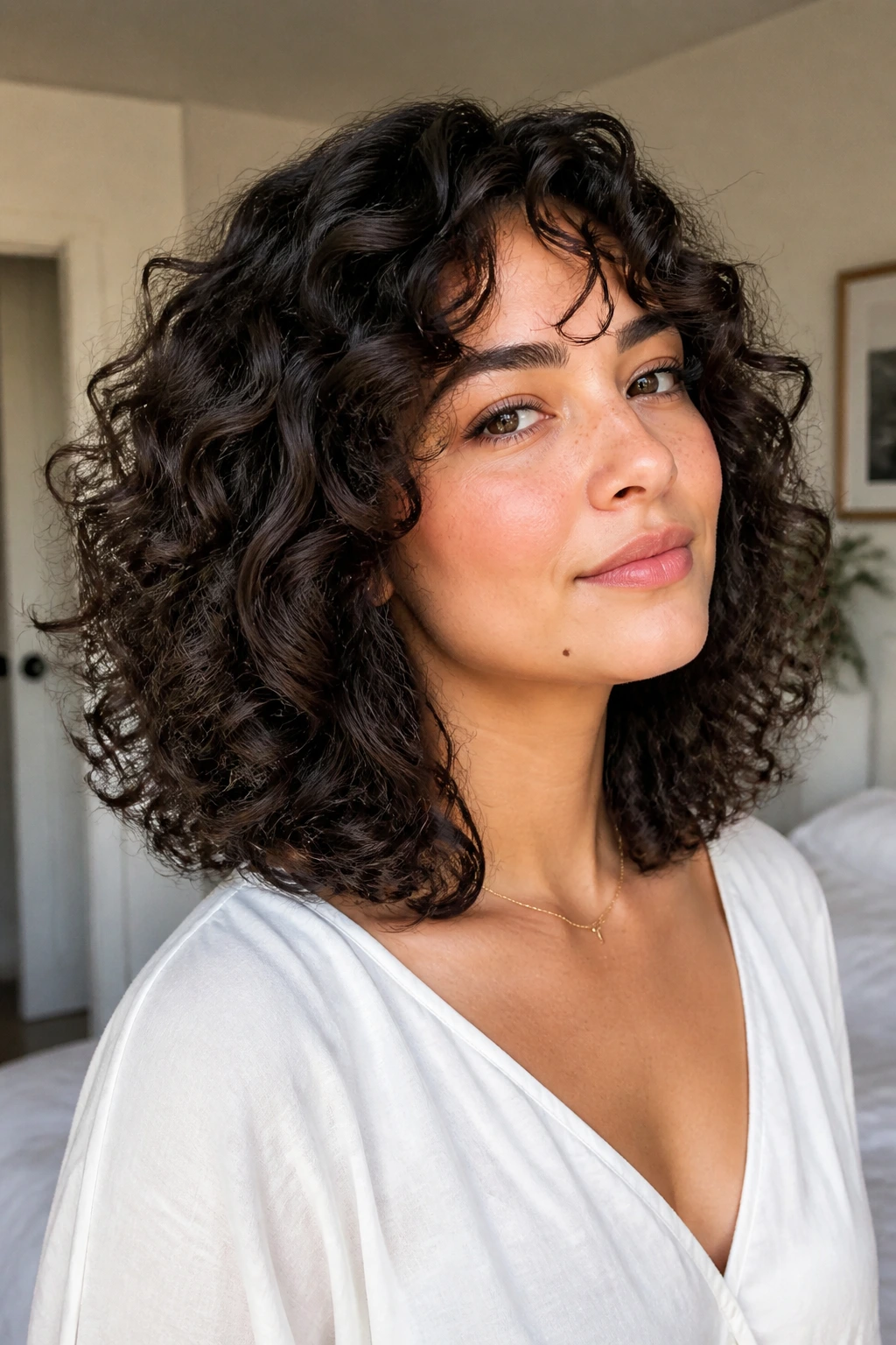 Close-up of a person with collarbone-length curly hair showing internal debulking