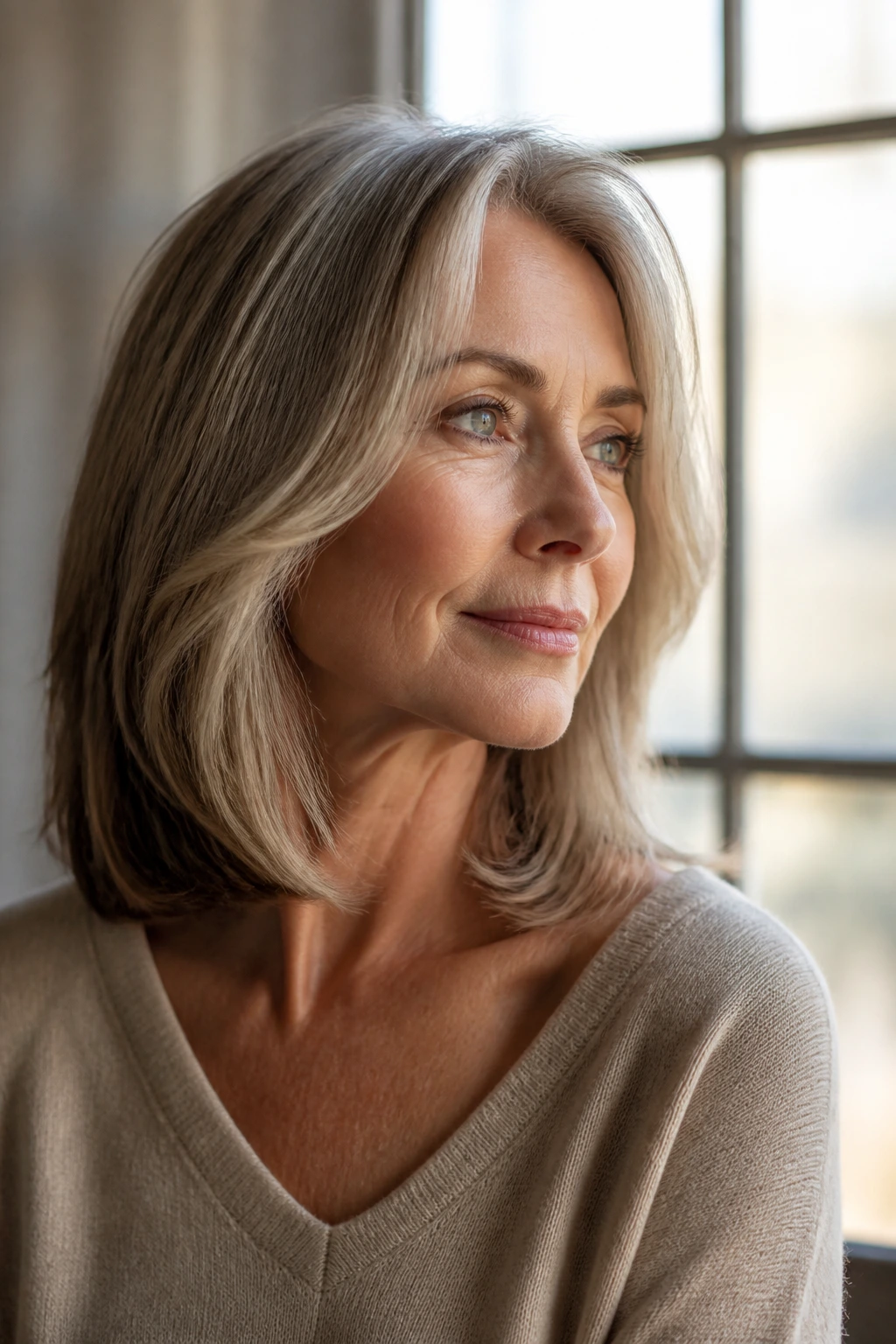 Portrait of a woman with collarbone-length hair and a clean face frame showing a versatile variation