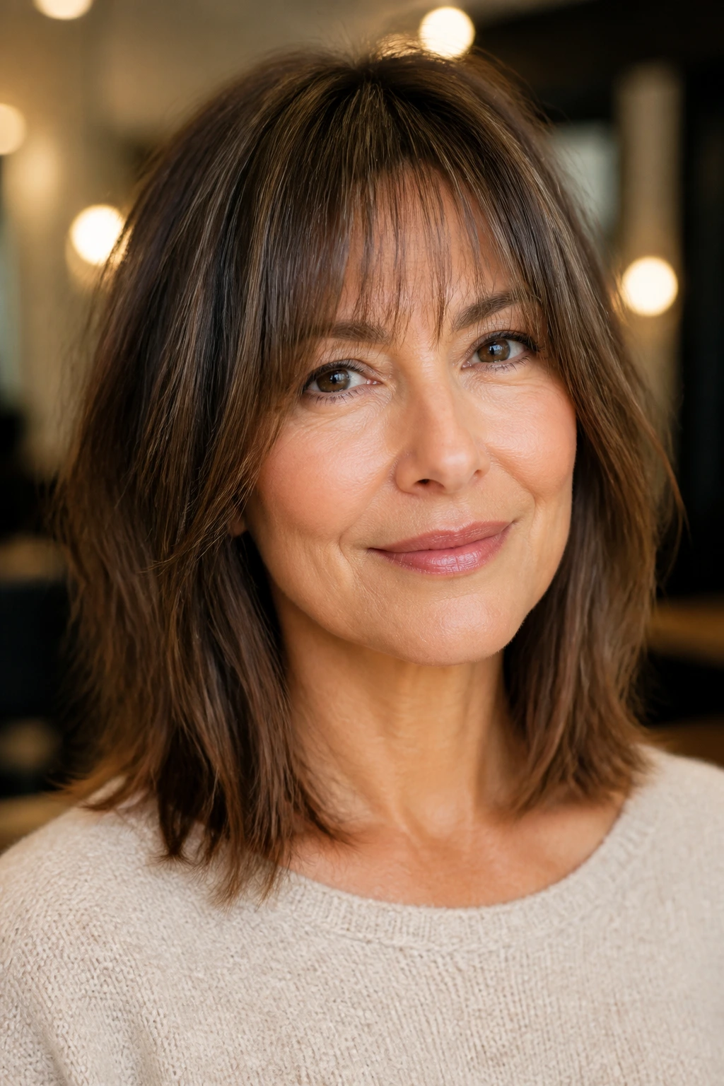 Close-up of a real woman with collarbone-length hair and whisper fringe, soft forehead framing