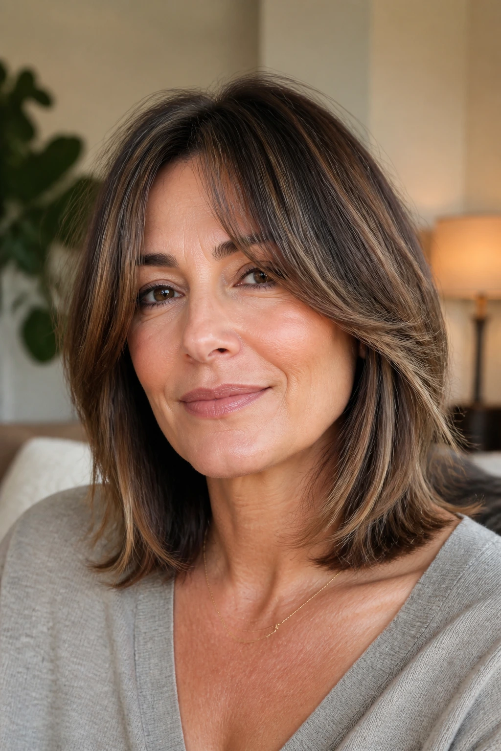 Close-up of a real person with collarbone-length hair and curtain fringe in warm daylight.