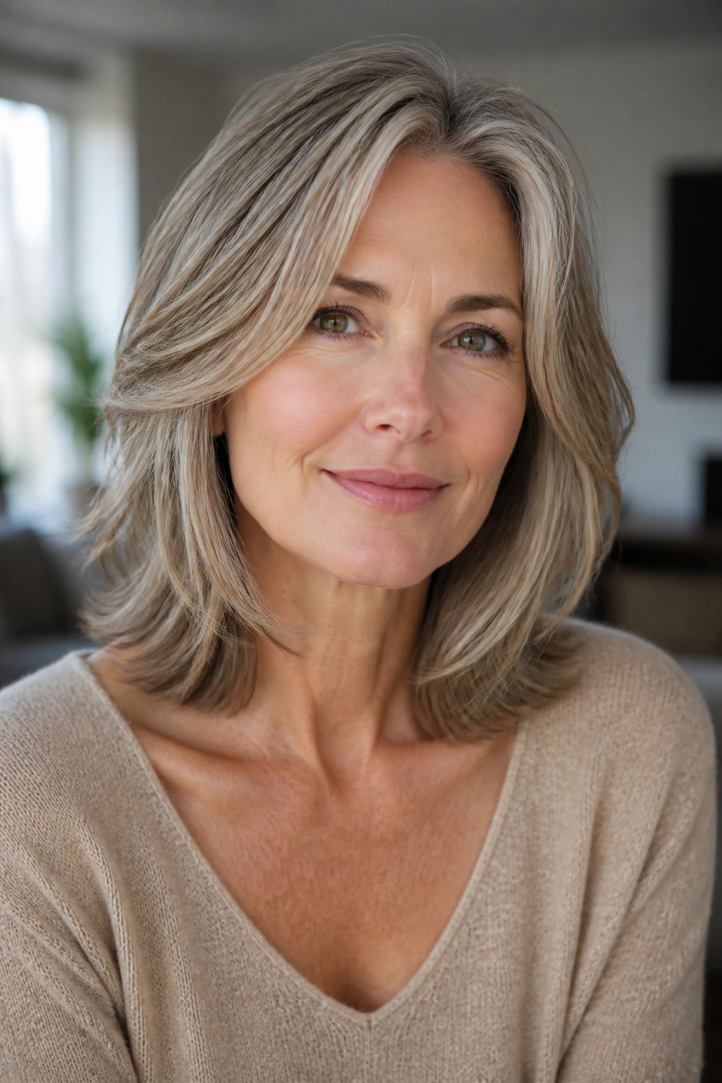 Close-up of a real woman with collarbone-length hair and soft face-framing layers