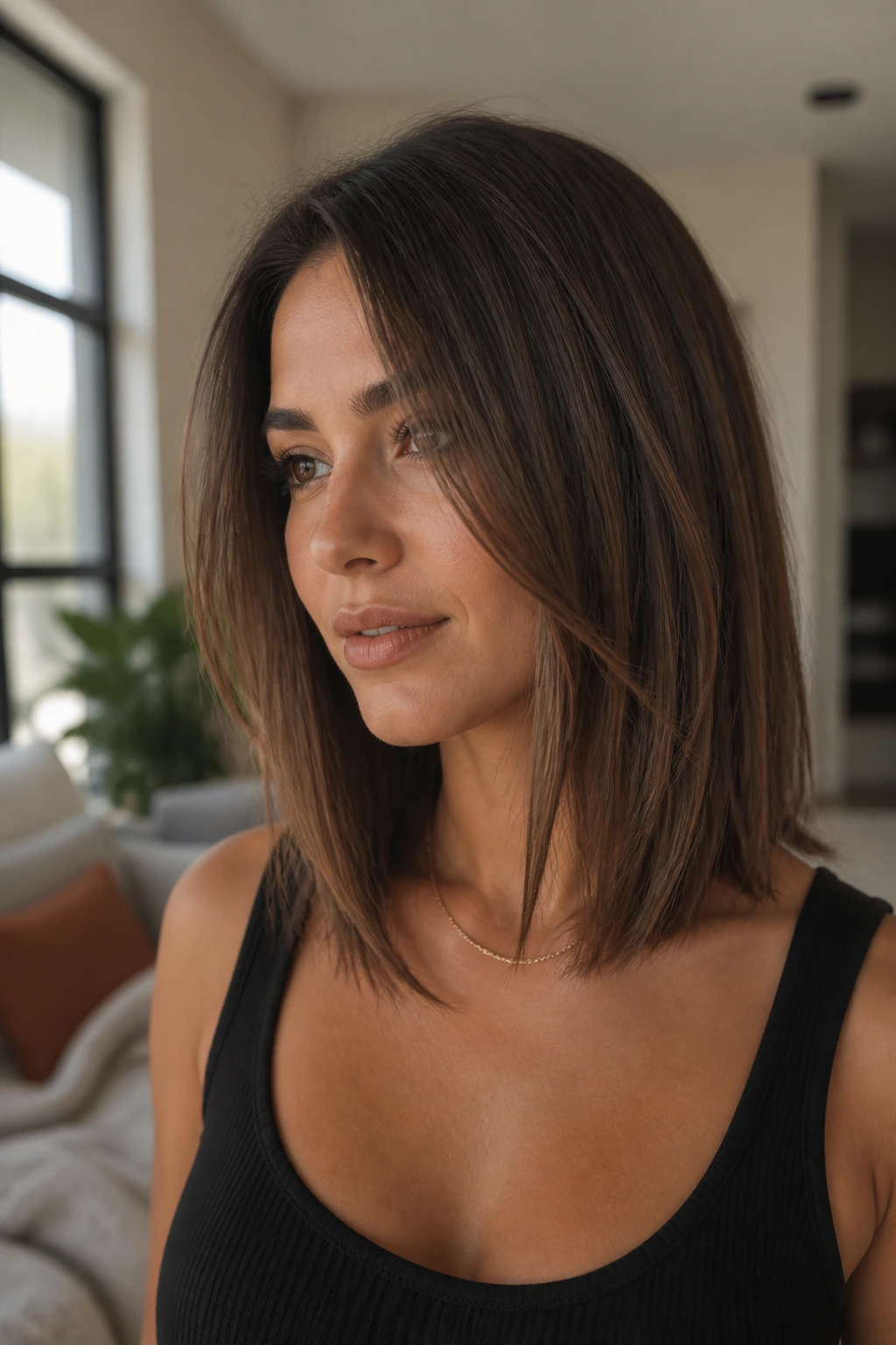 Portrait of woman with collarbone-length hair and long front pieces framing her face