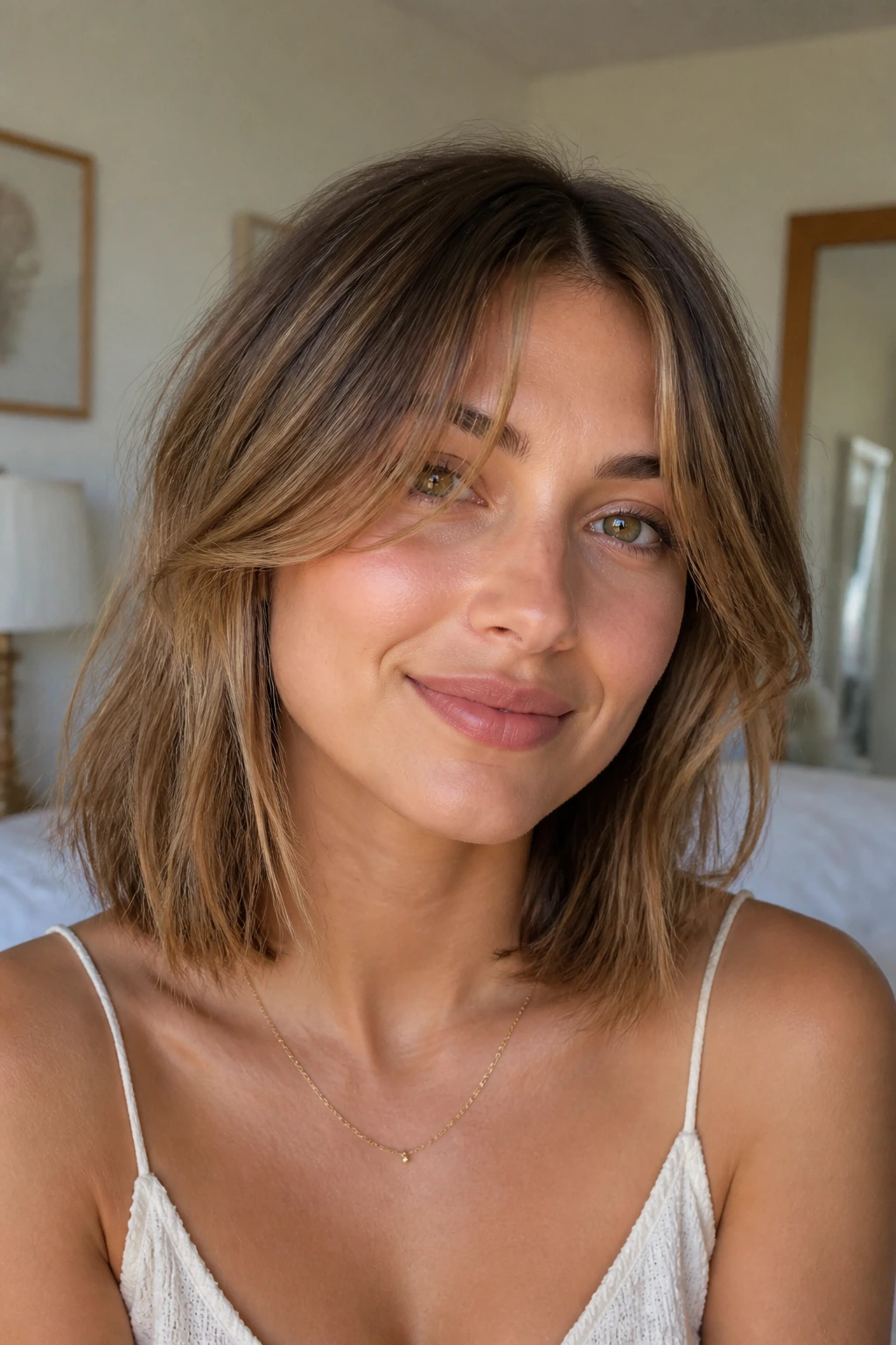 Close-up of a woman with collarbone-length hair and cheekbone-skimming bangs