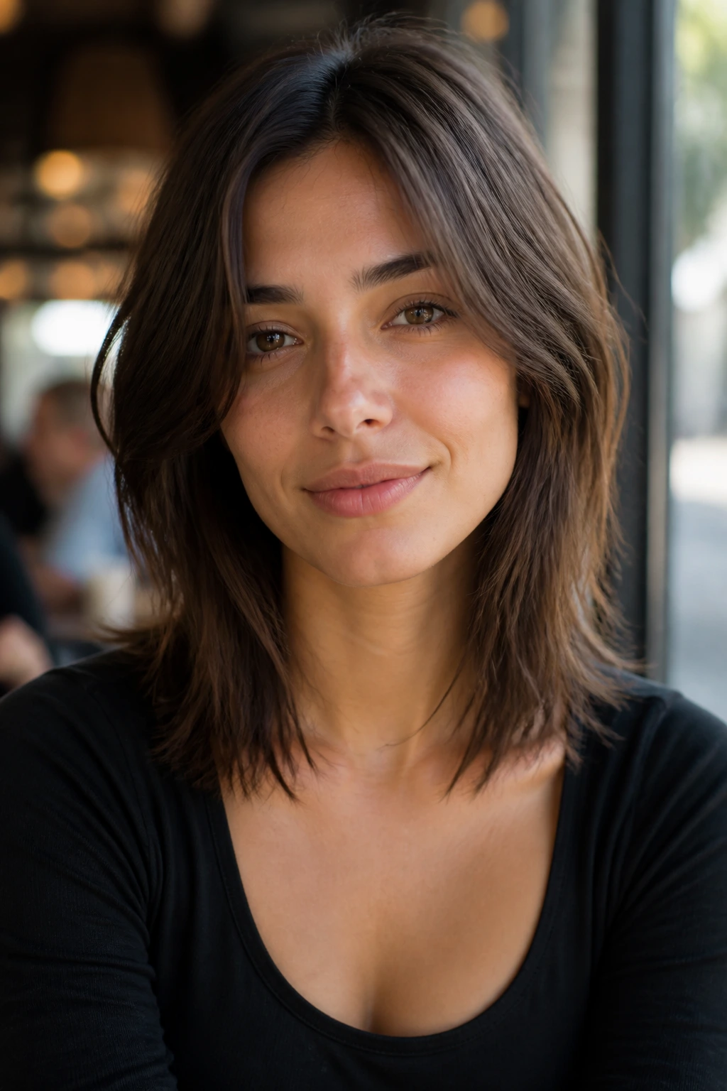 Real person with collarbone-length cut and long lazy layers draping over collarbones