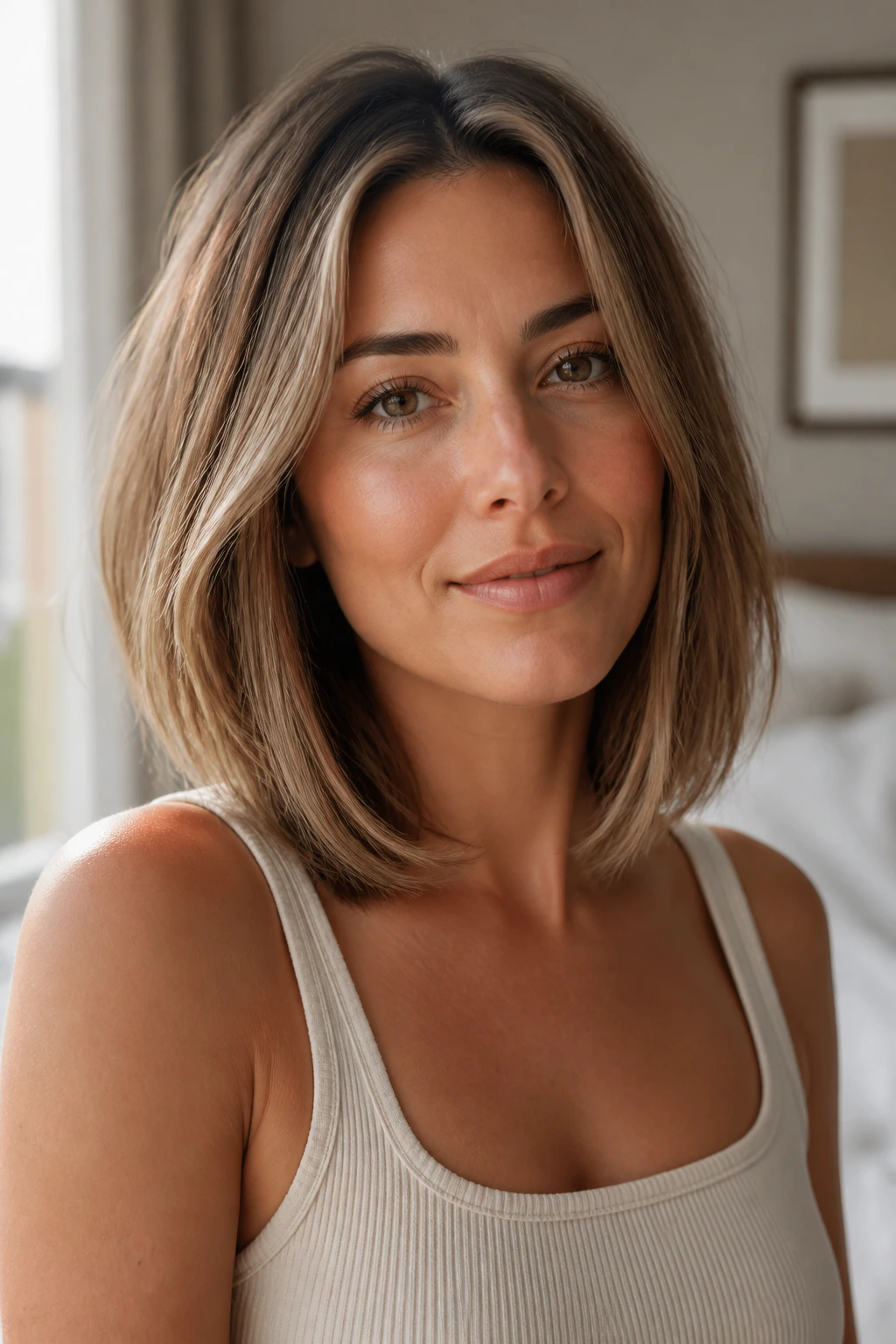 Close-up portrait of a real woman with a collarbone-length lob in warm window light