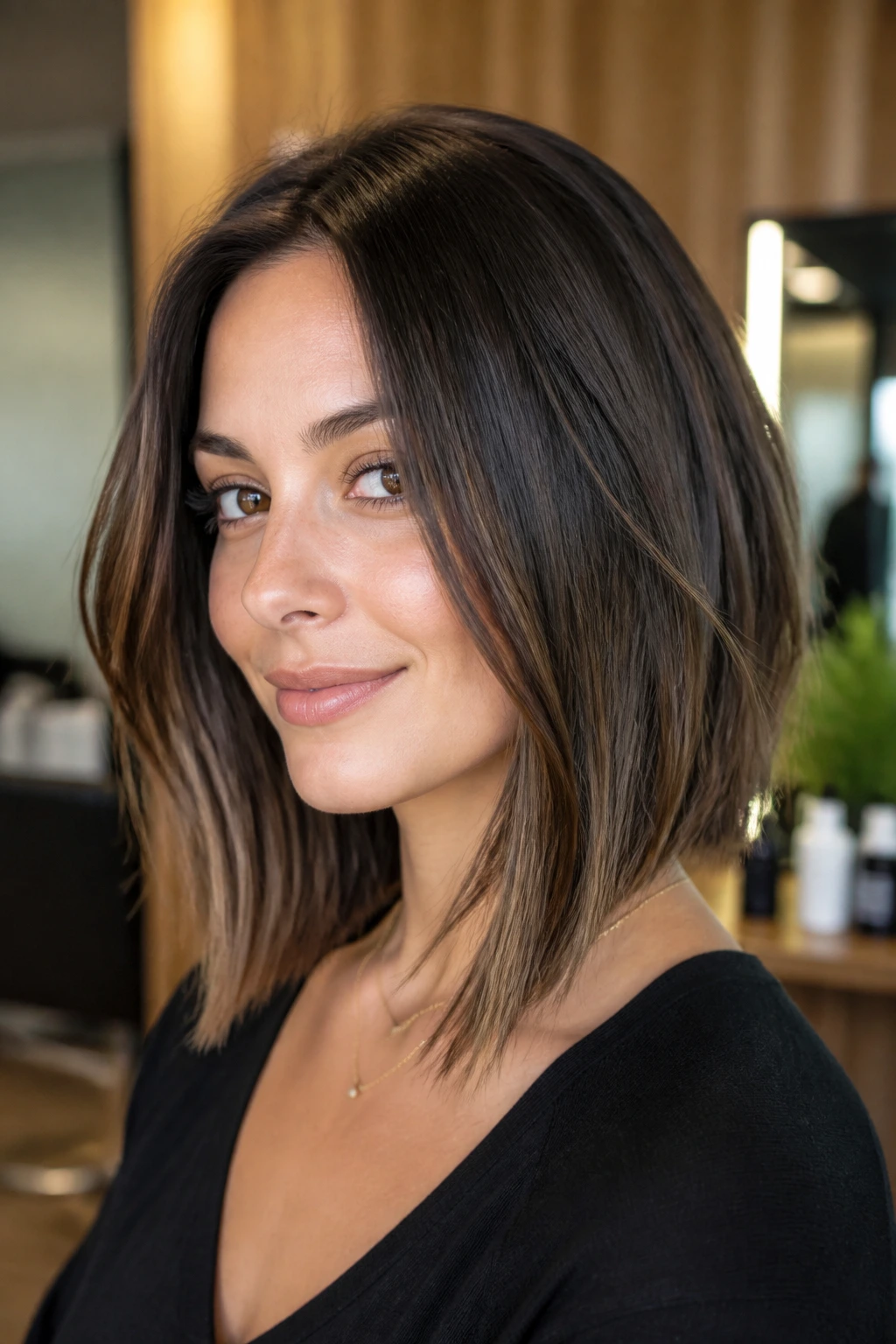 Portrait of a real woman with a collarbone-length lob showing precise front-piece placement