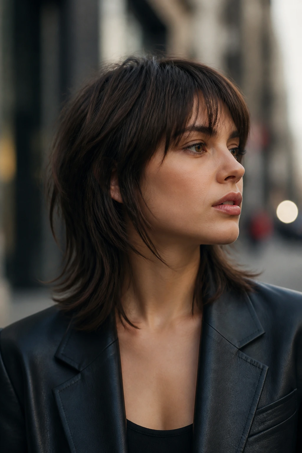 Real woman with collarbone-length mullet in close-up portrait