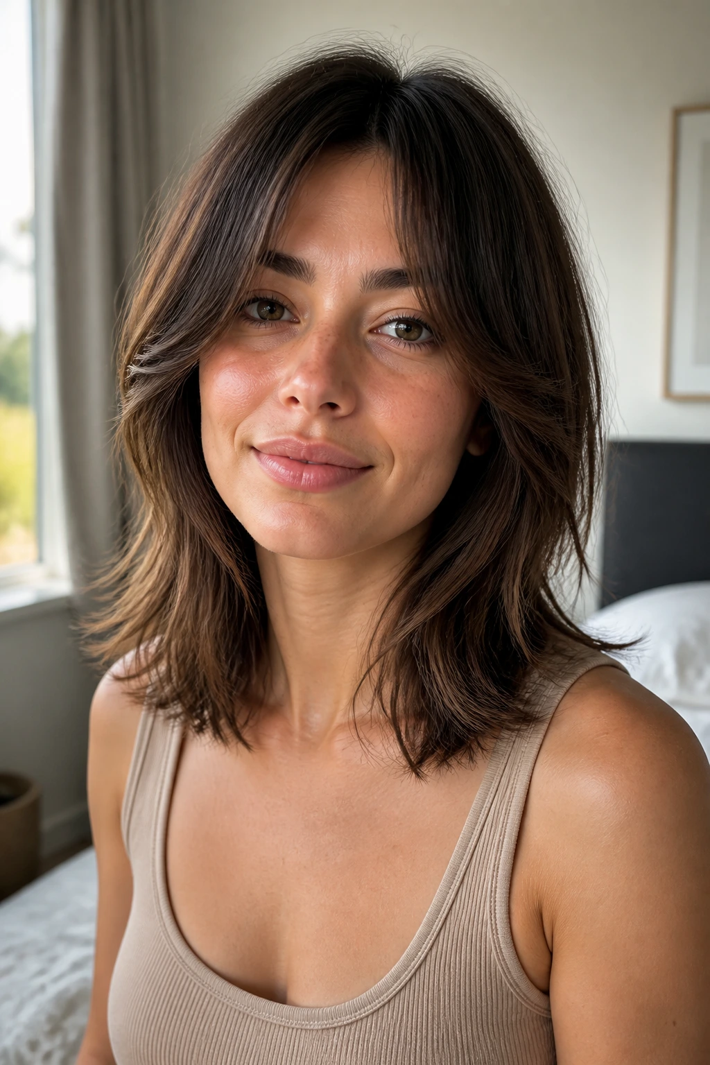 Portrait of a real person with collarbone-length shag and soft ends