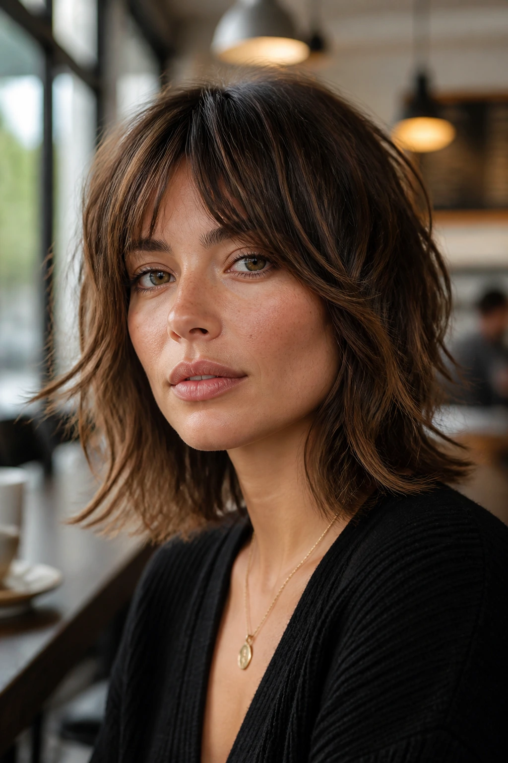 Real person with modern shag at collarbone length showing choppy ends