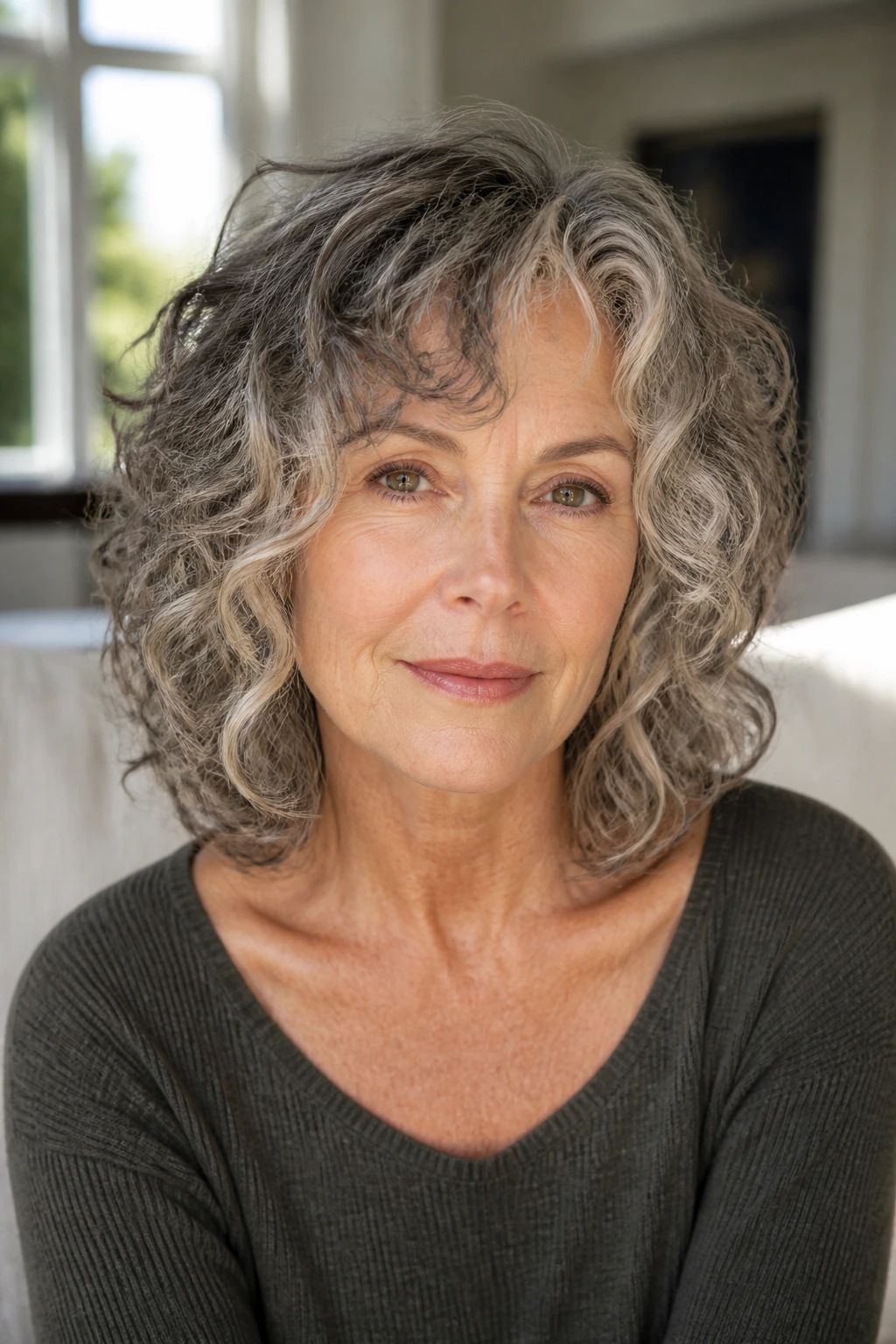 Close-up of real woman with collarbone-length curly shag and U-shaped back
