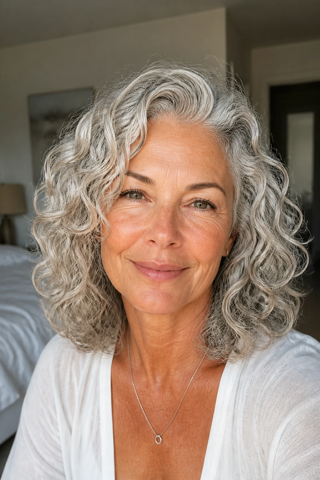 Close-up portrait of a real woman with collarbone-length silver hair and soft layered curls.