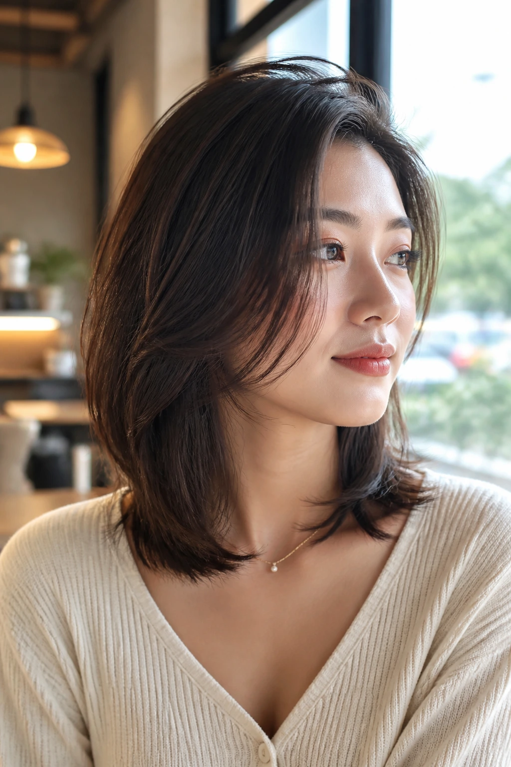 Close-up of Asian woman with collarbone-length soft layered sweep