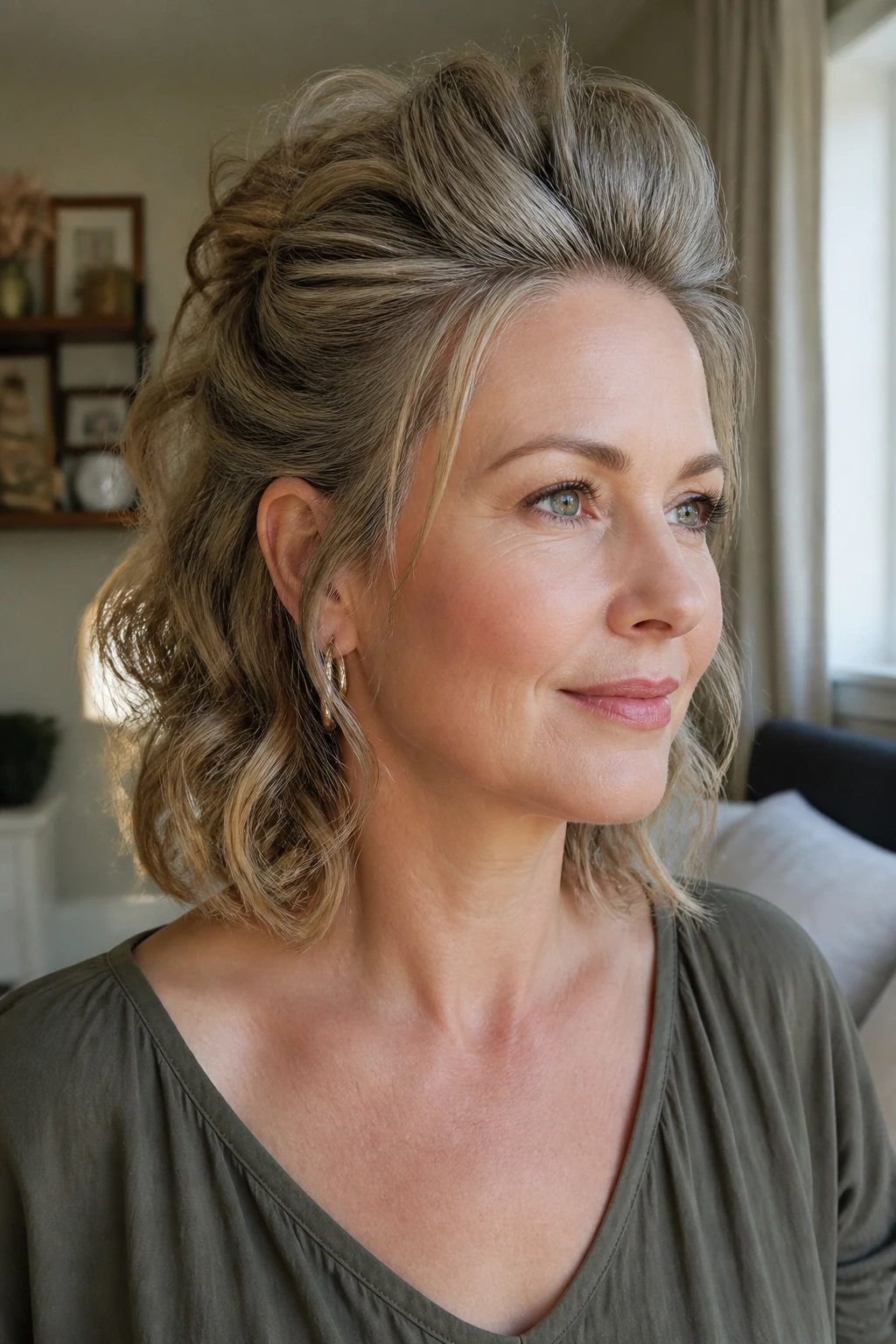 Close-up portrait of a real woman with a collarbone-length wavy faux hawk.