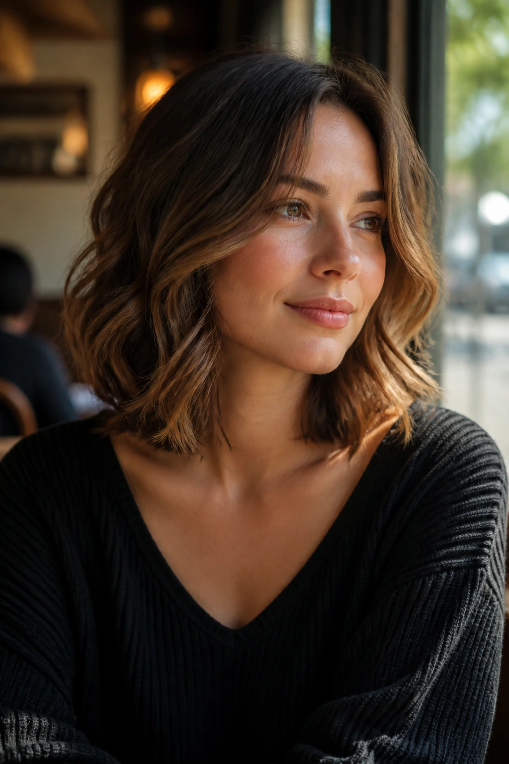 Real woman wearing collarbone-length waves in a sunlit cafe