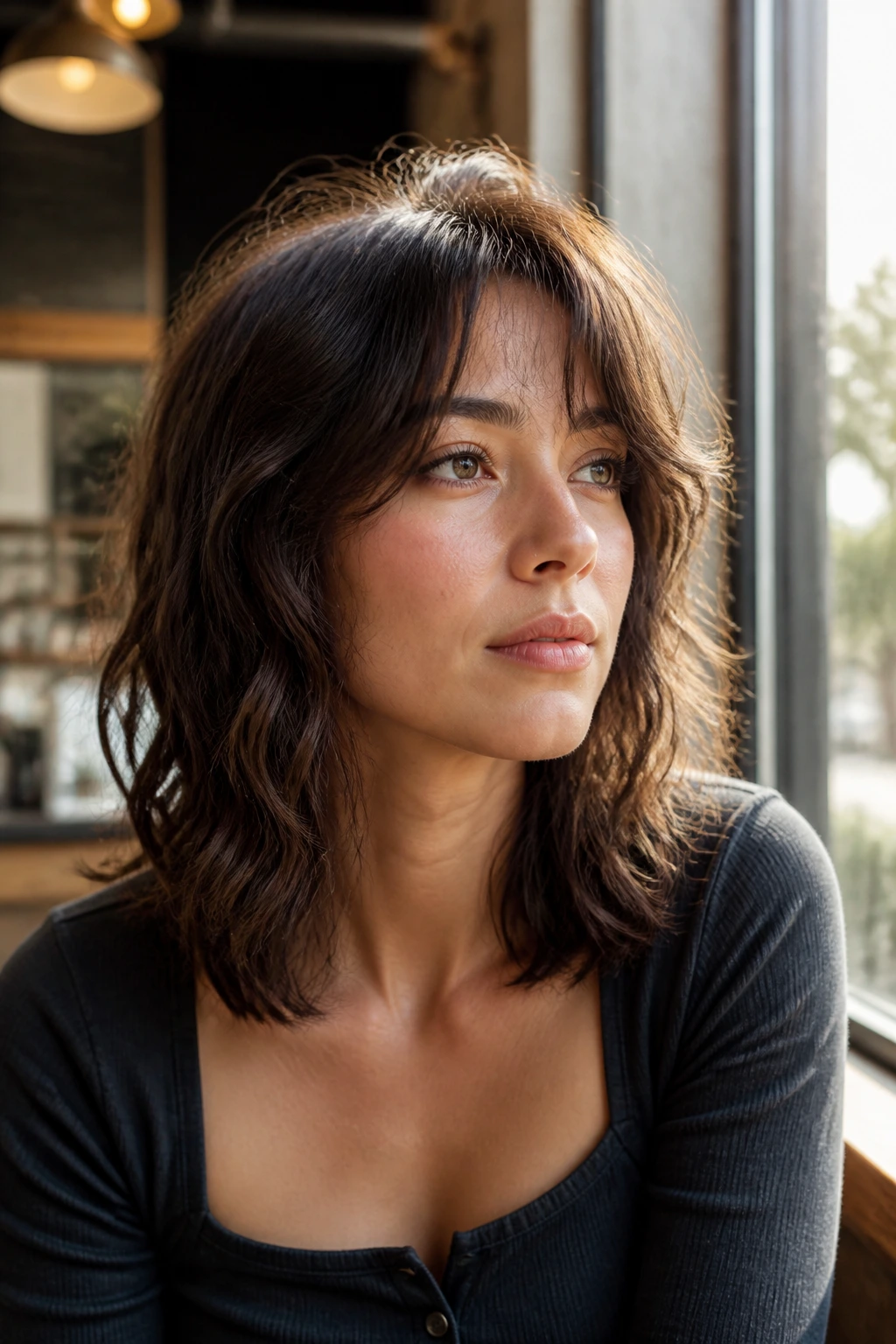 Close-up of a real person with collarbone-length wolf cut in sunlit cafe window light