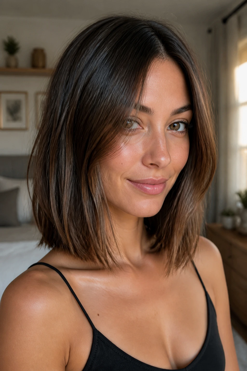 Close-up of real woman with collarbone-length lob