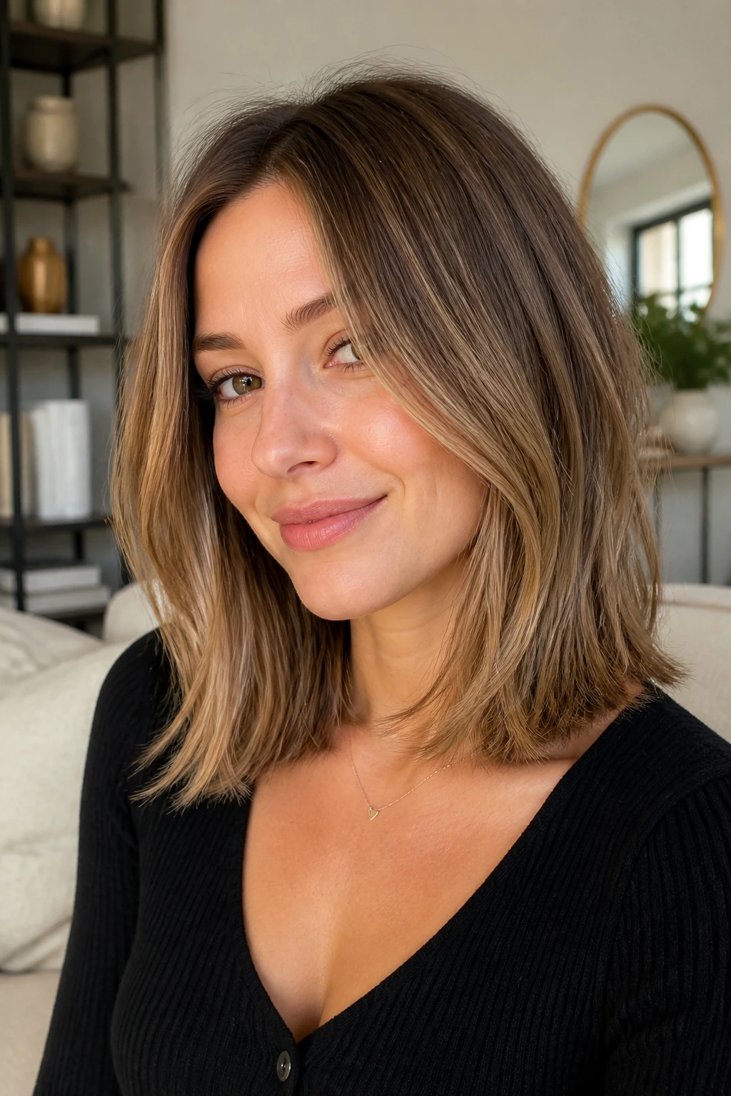 Real woman with collarbone-length lob and soft ends, looking poised