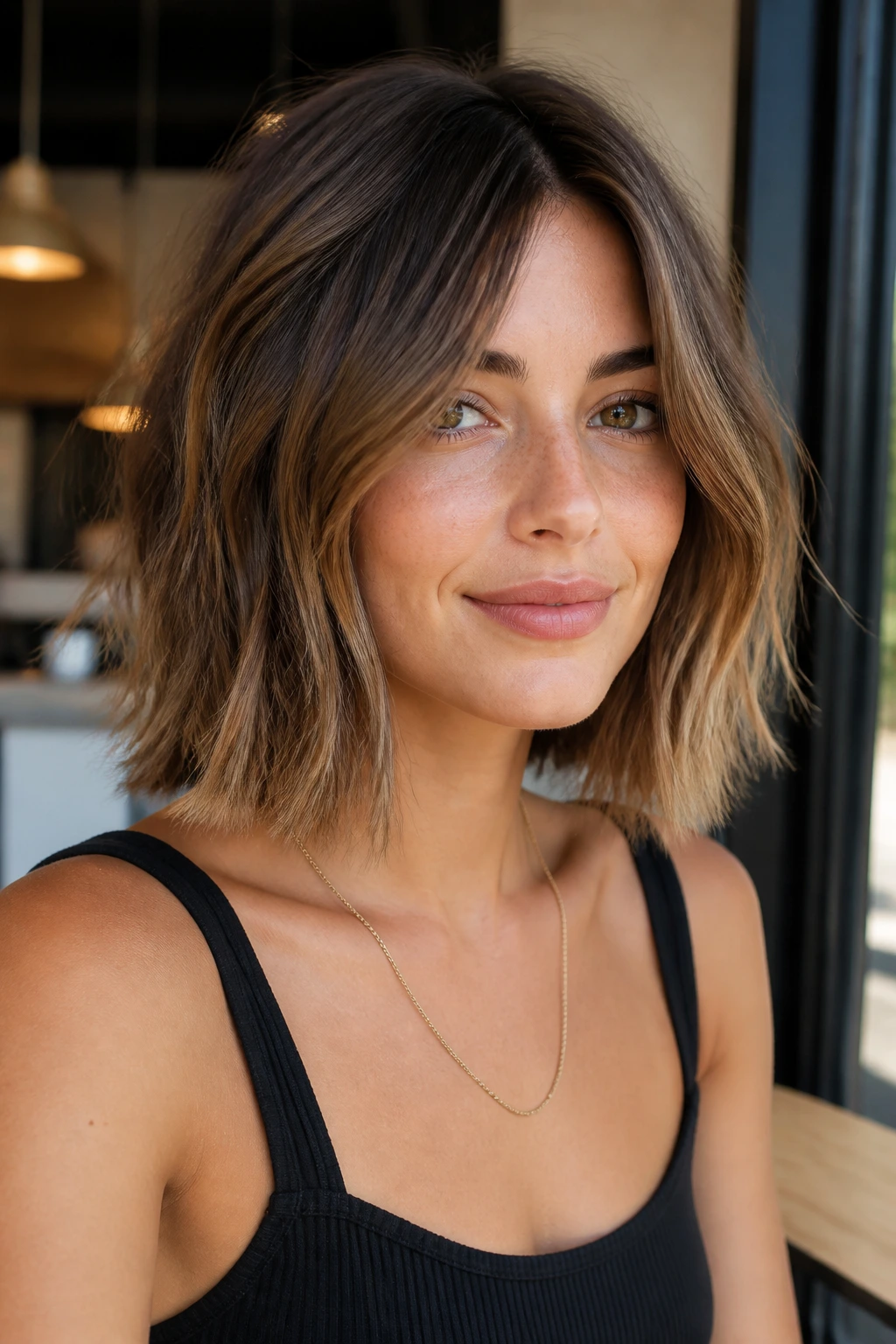 Close-up of collarbone-length choppy lob on a thick-haired woman.