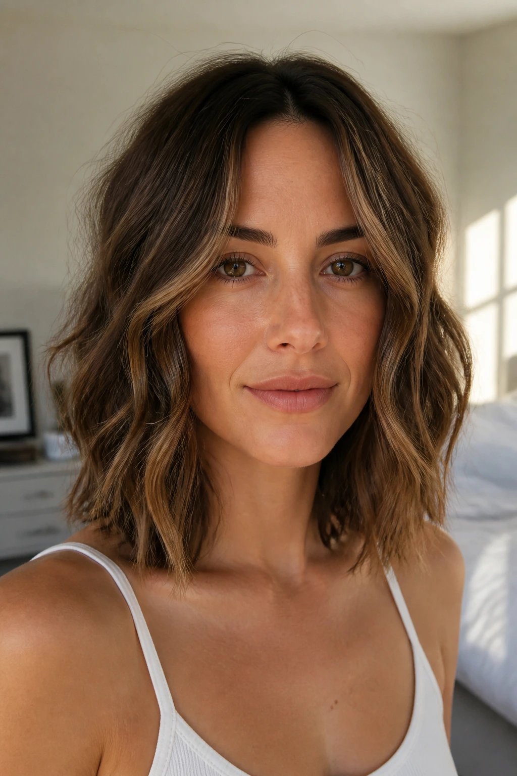 Close-up of a real woman with a collarbone-length lob and loose air-dried waves in a bright room