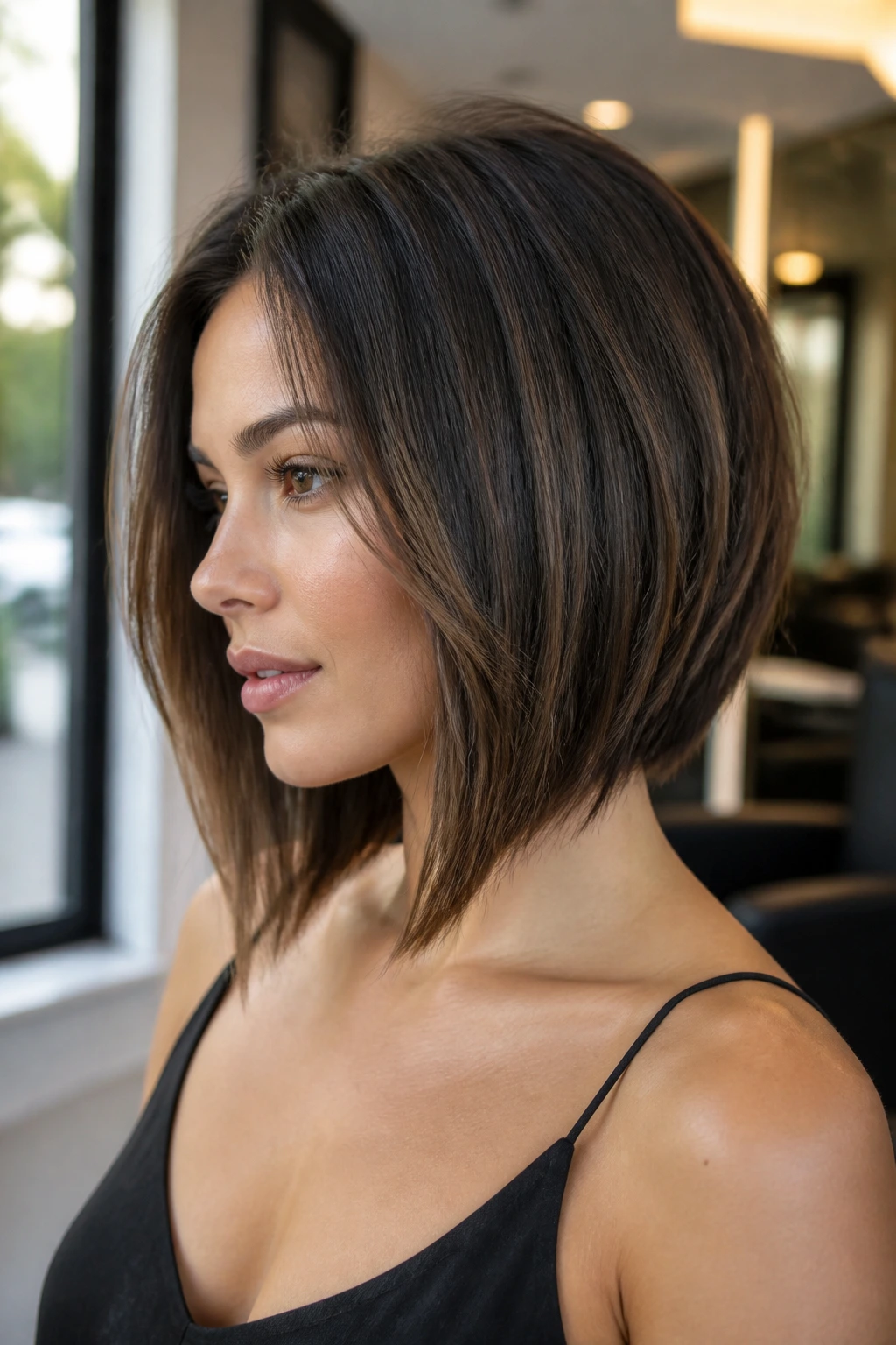 Portrait of a woman with collarbone-grazing angled lob showing front length and shorter back