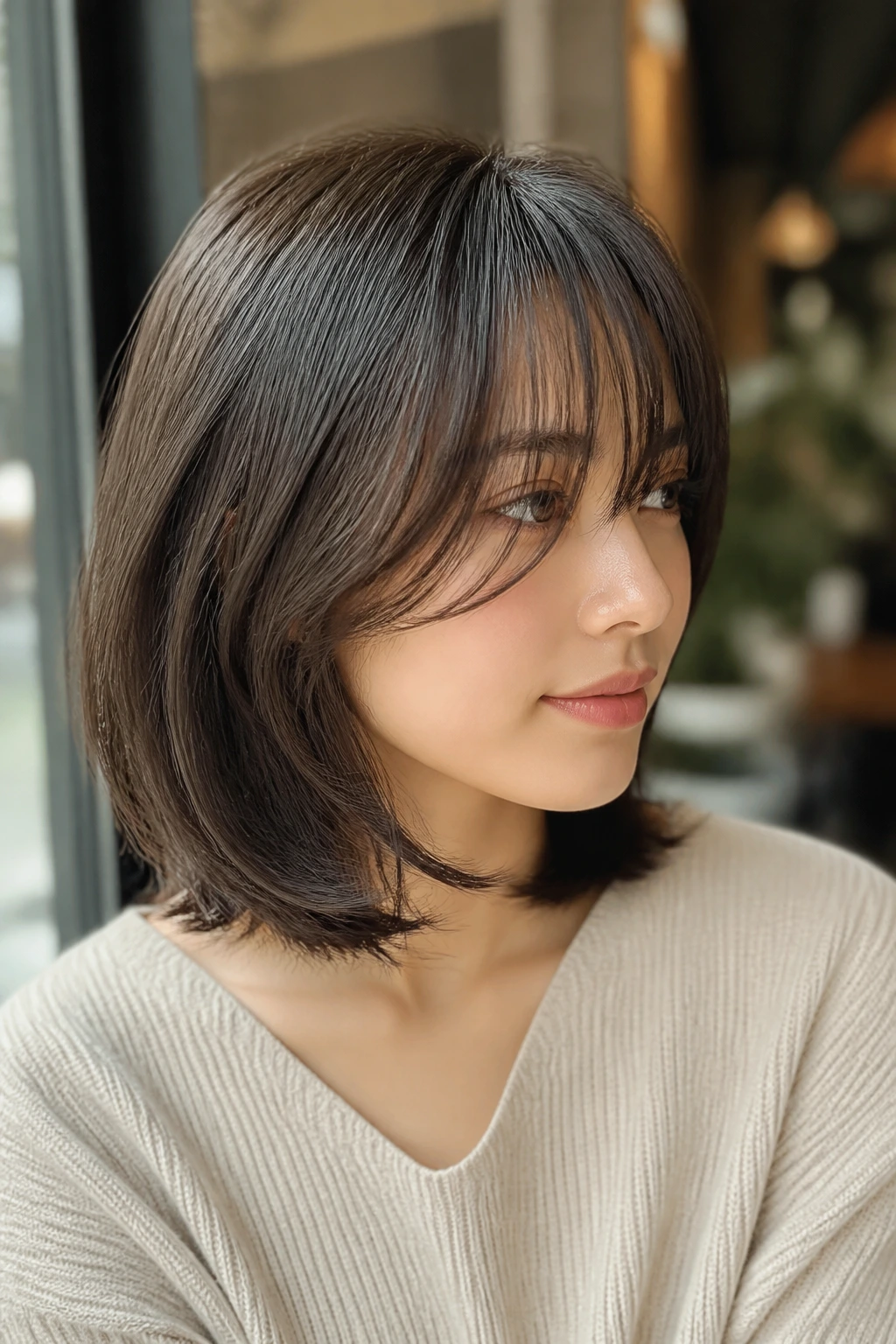 Portrait of a woman with collarbone-length lob and see-through bangs in a cafe setting.
