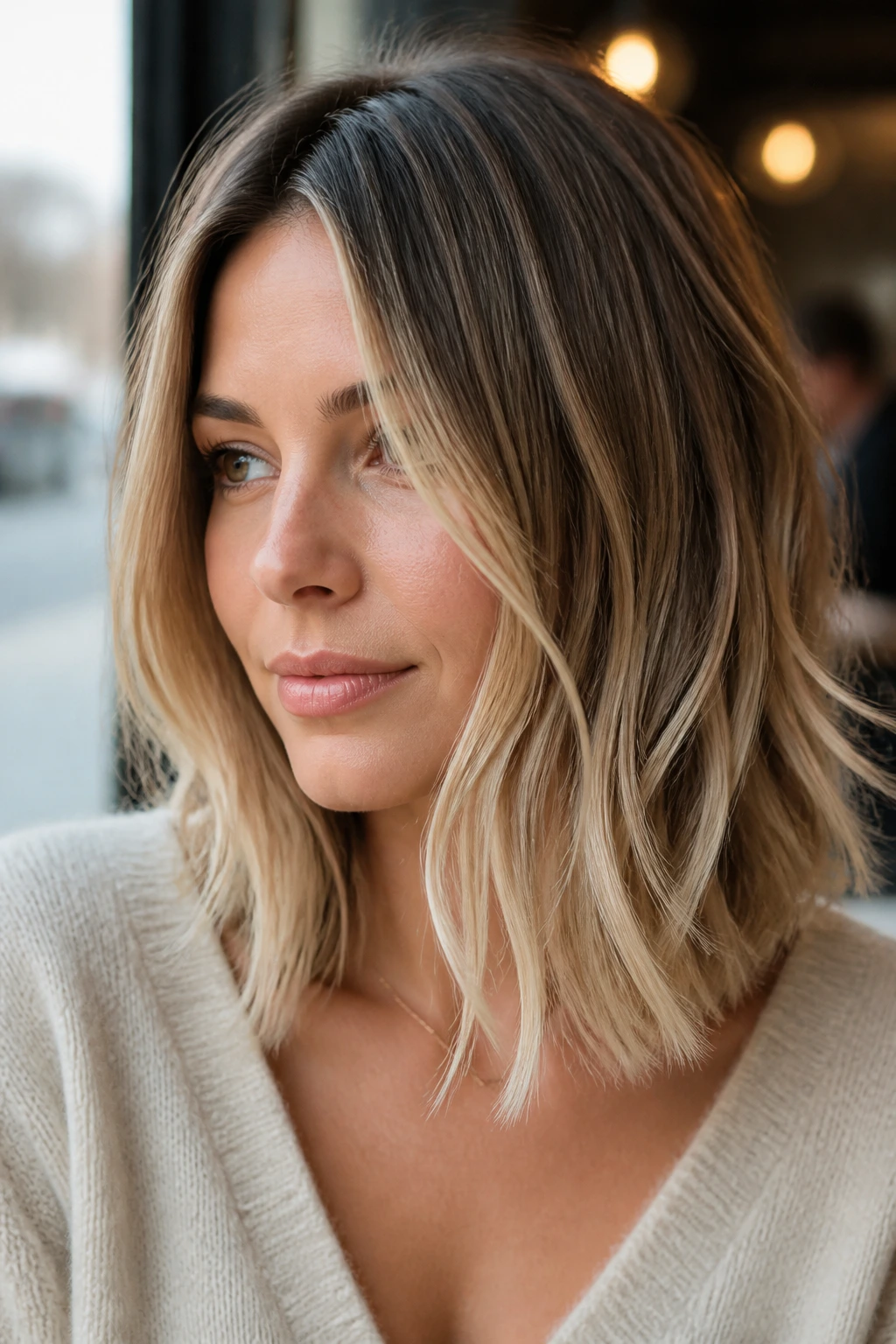 Portrait of a real person with a collarbone-length lob and beige blonde ribbons.