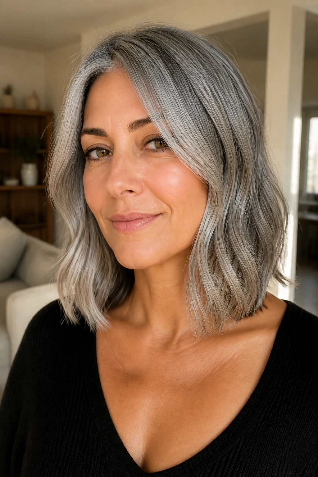 Portrait of a person with a collarbone-length lob and soft mid-length bends