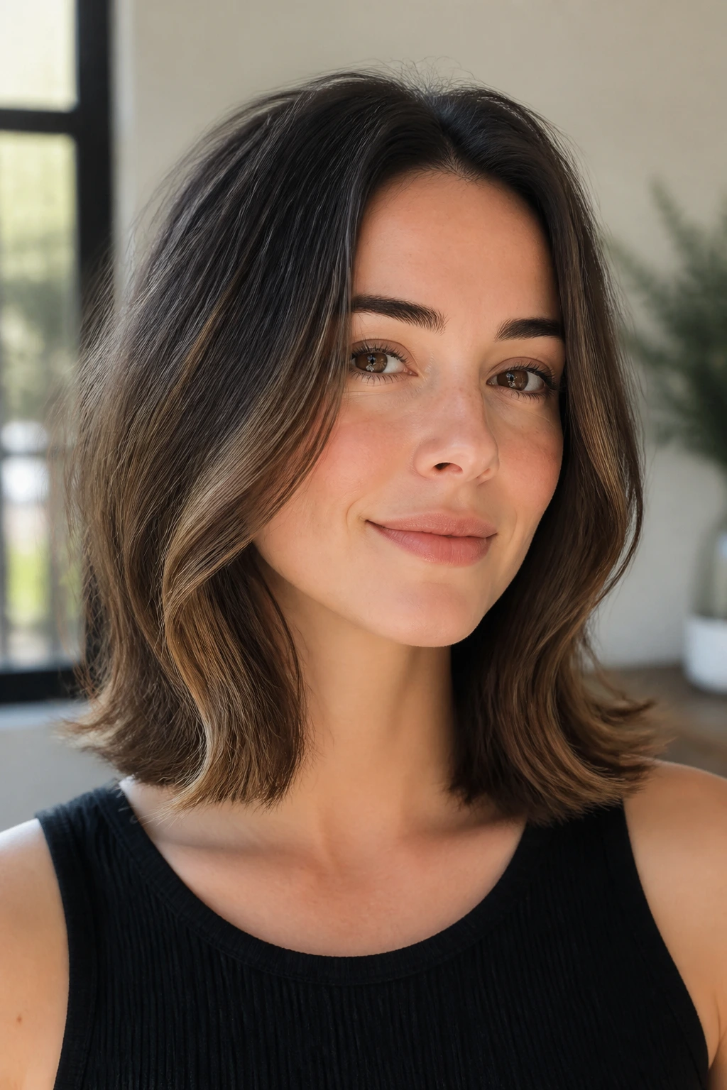 Close-up portrait of a real woman with a collarbone-length lob and bent ends