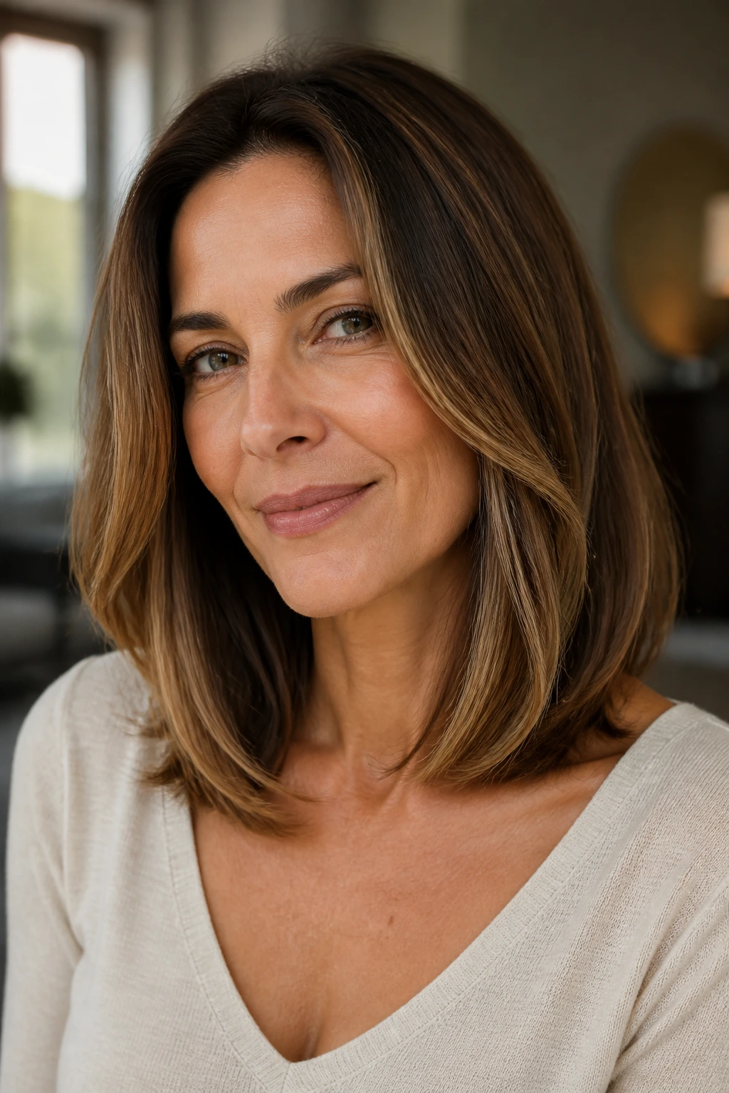 Collarbone-length lob with beveled ends on a real woman