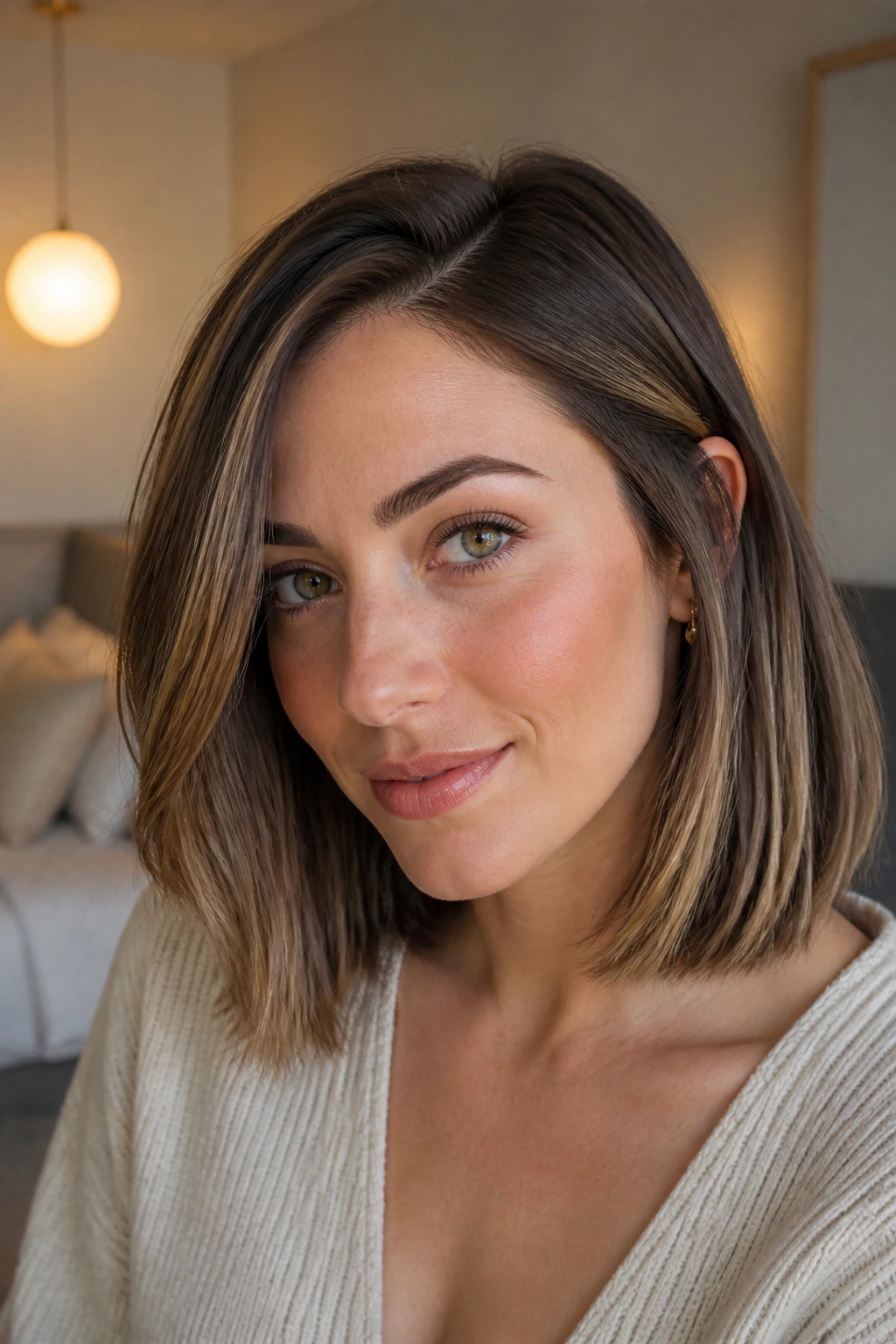 Close-up of a real woman with a blunt collarbone-length lob and soft ends