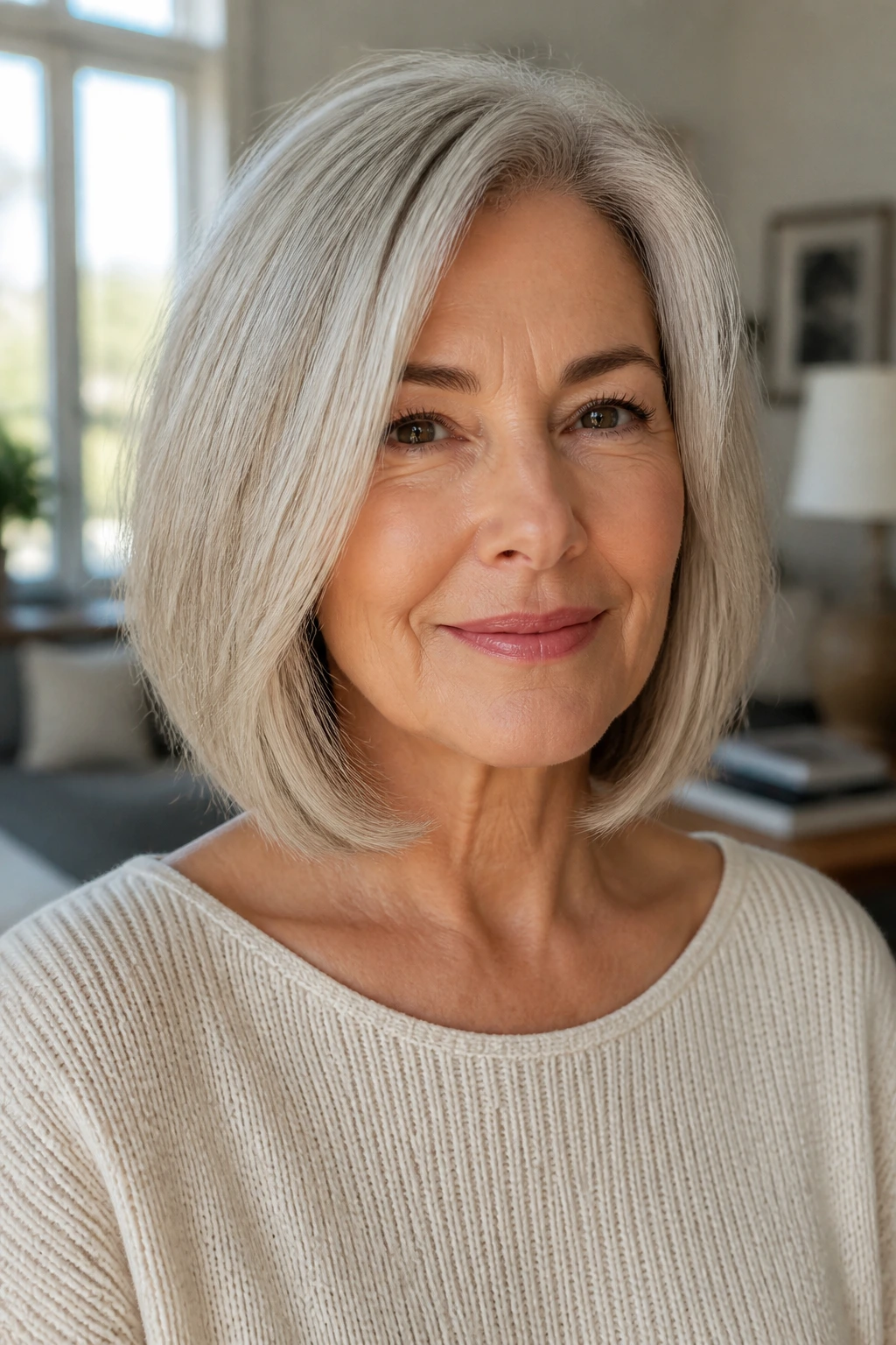 Close-up portrait of a real woman with collarbone-length lob bob in natural light