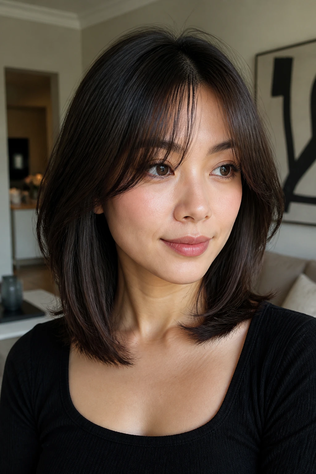 Close-up of a real woman with a collarbone lob and bottleneck bangs