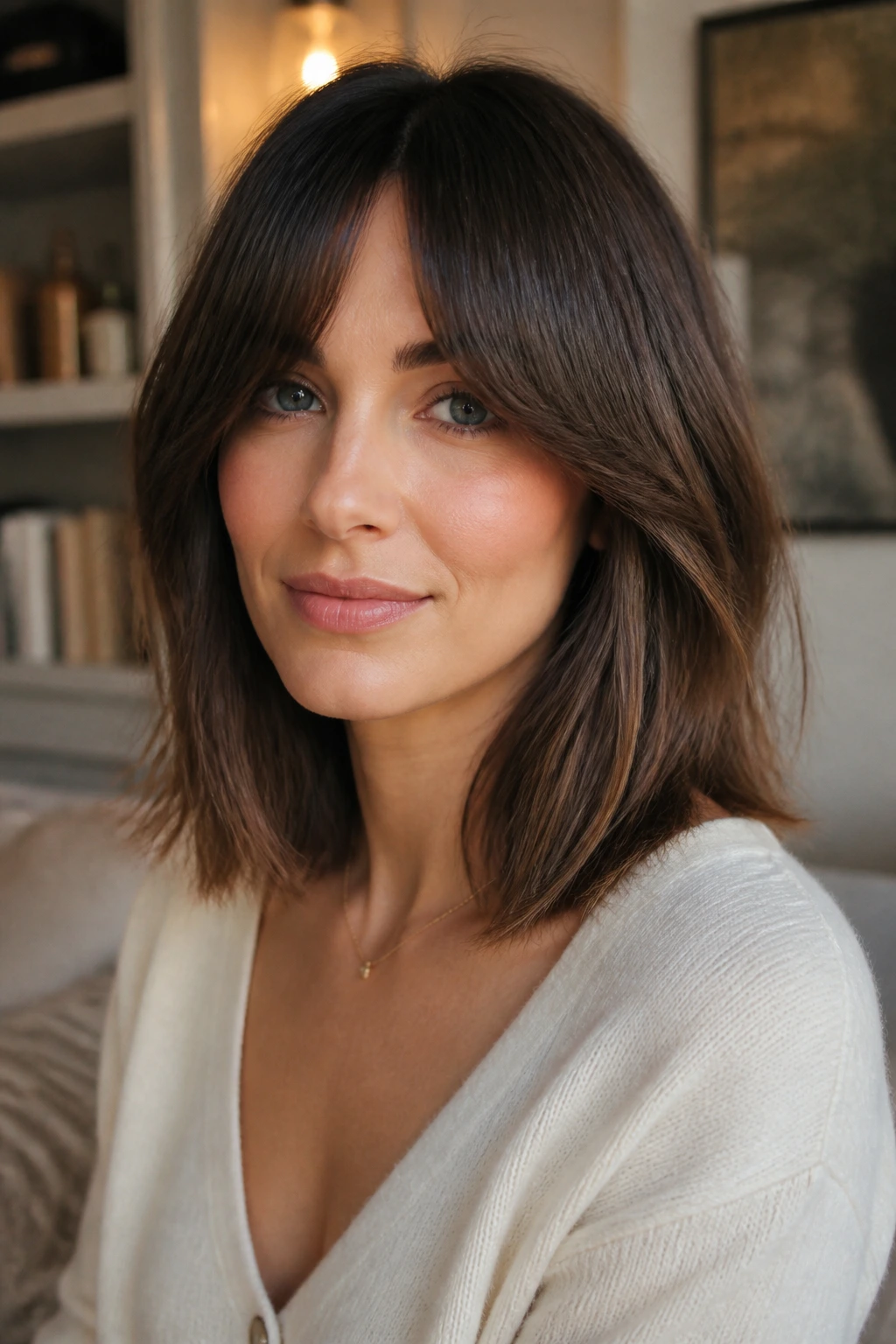 Close-up portrait of collarbone-length lob with bottleneck bangs on a real person.