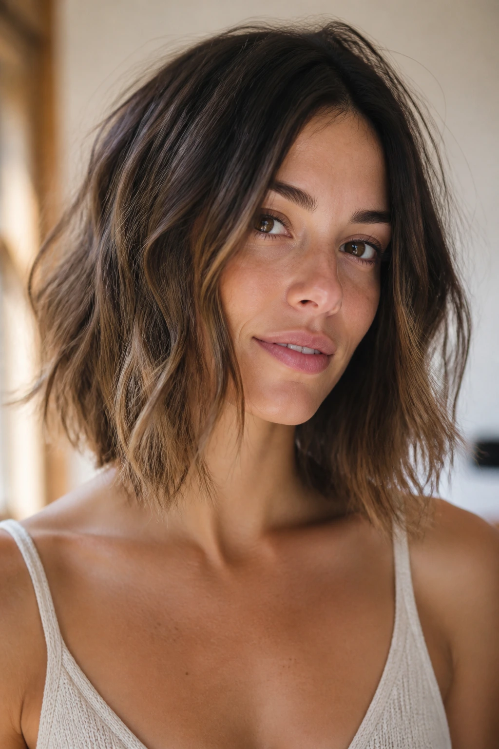 Close-up of a person with a collarbone-length lob and subtle broken ends