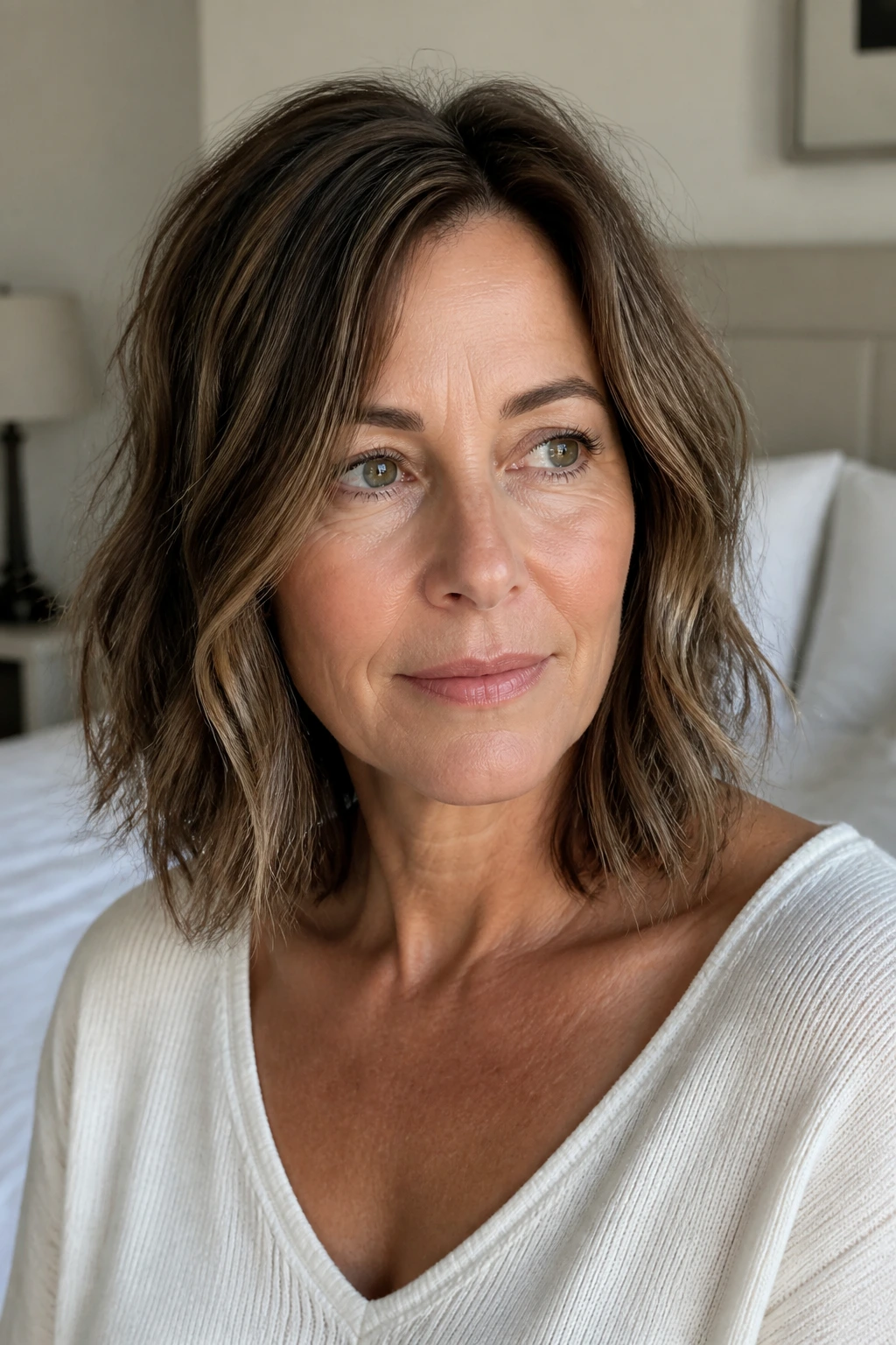 Portrait of woman with collarbone-length lob and broken ends