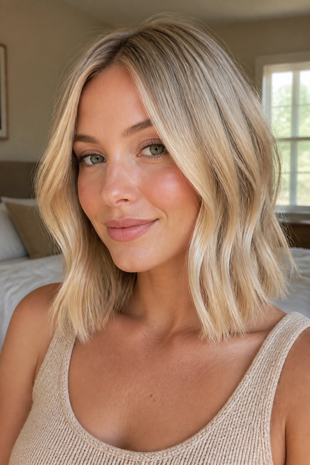 Close-up of a real woman with collarbone-length champagne blonde hair.