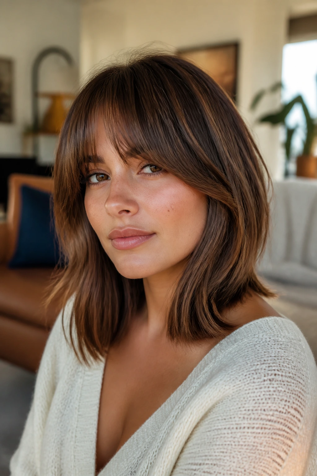 Close-up of collarbone-length lob with heavy curtain bangs on a real woman in warm window light