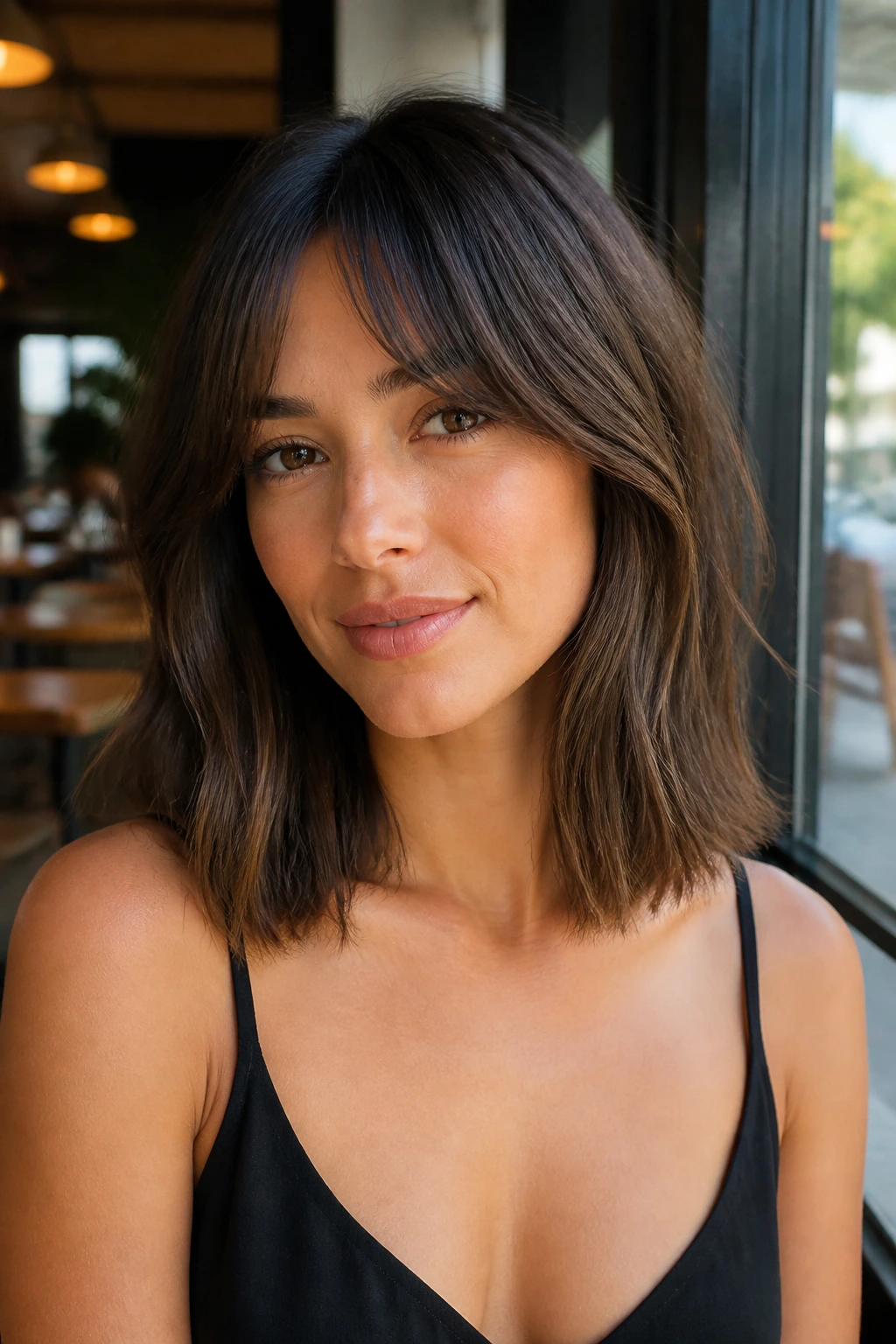 Medium-close portrait of a real woman with collarbone-length lob and curtain bangs in sunlit café setting