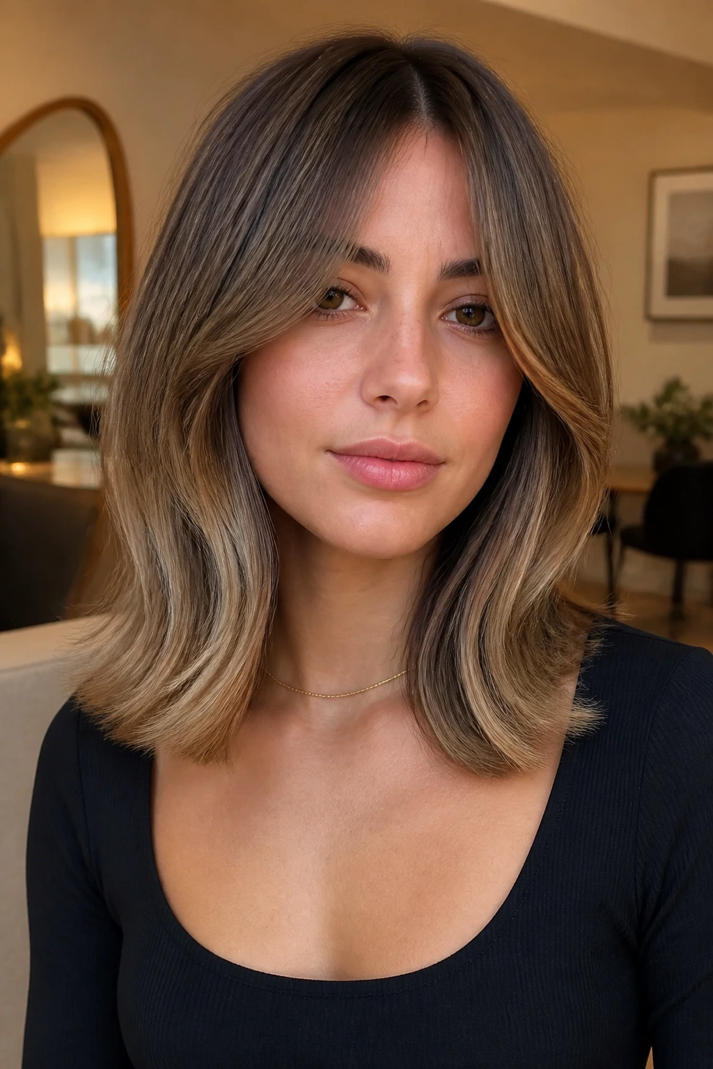 Close-up of a real woman with a collarbone-length lob and curtain bangs